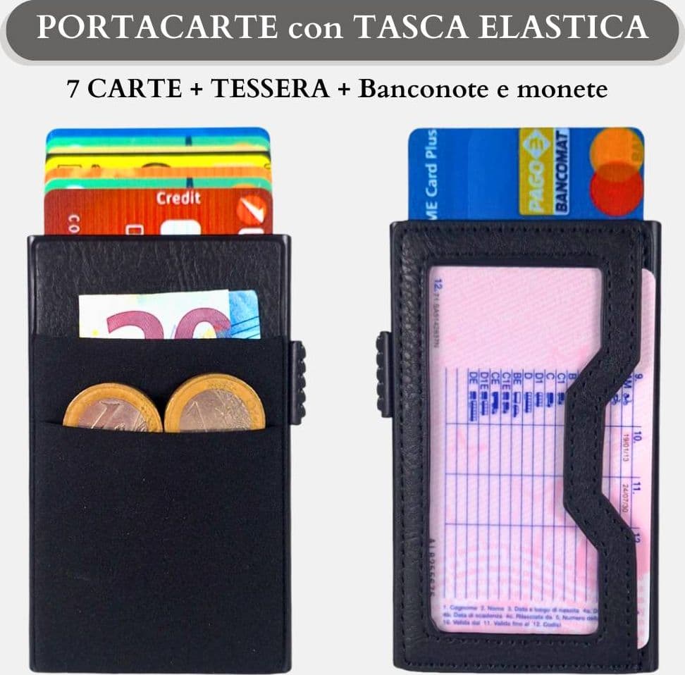 Sei G portacarte in alluminio nero con tasca elastica Portafogli SEI G