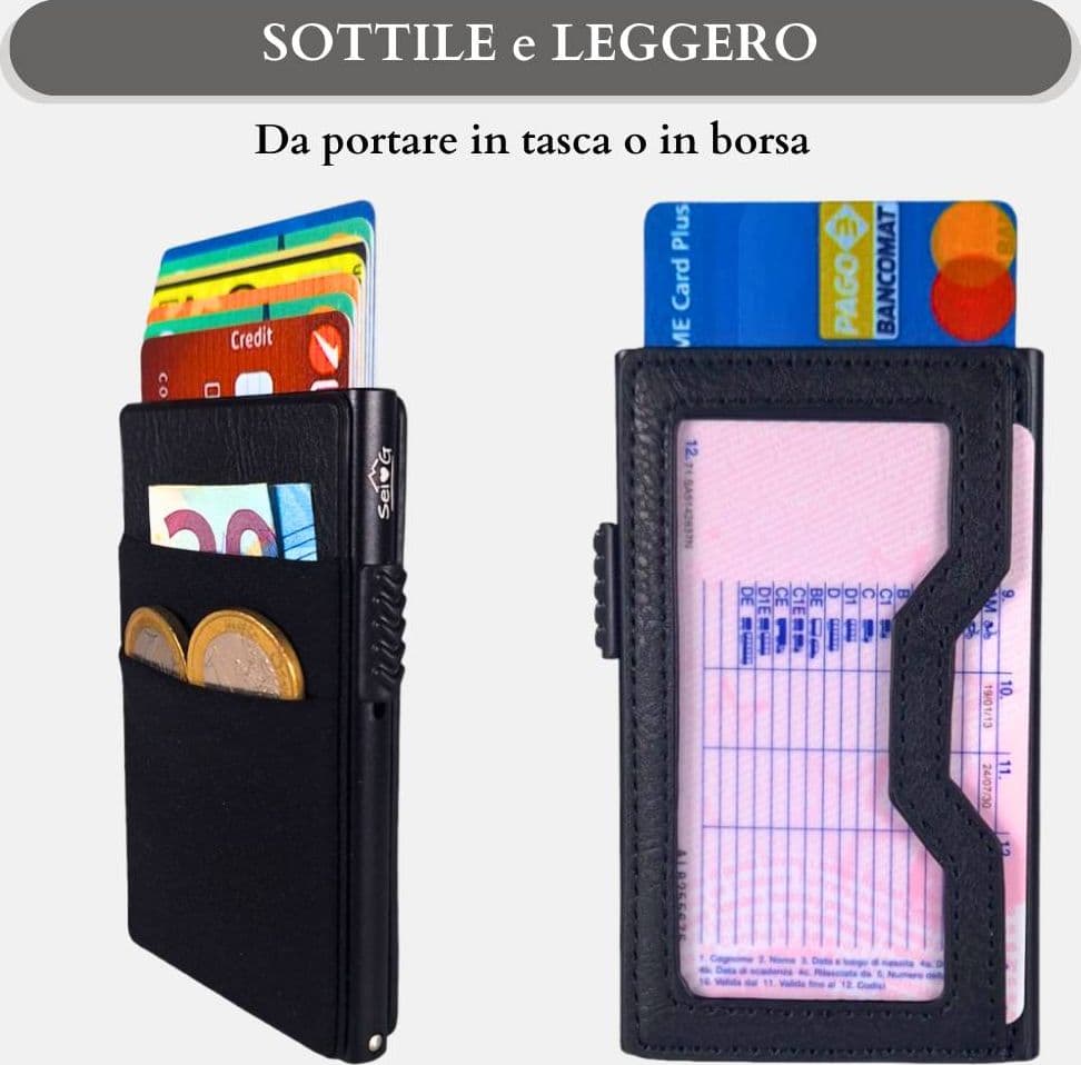 Sei G portacarte in alluminio nero con tasca elastica Portafogli SEI G