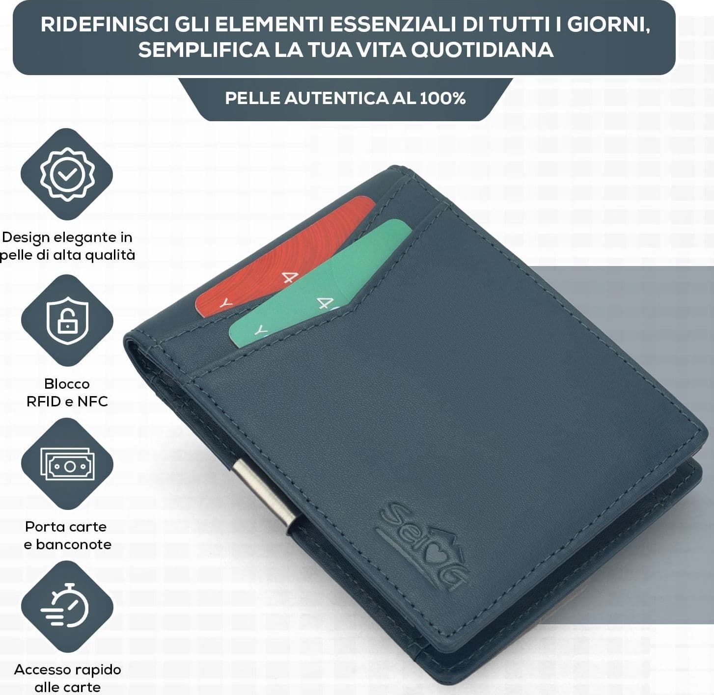 SEI G Portafoglio blu uomo portacarte blocco RFID Portafogli SEI G