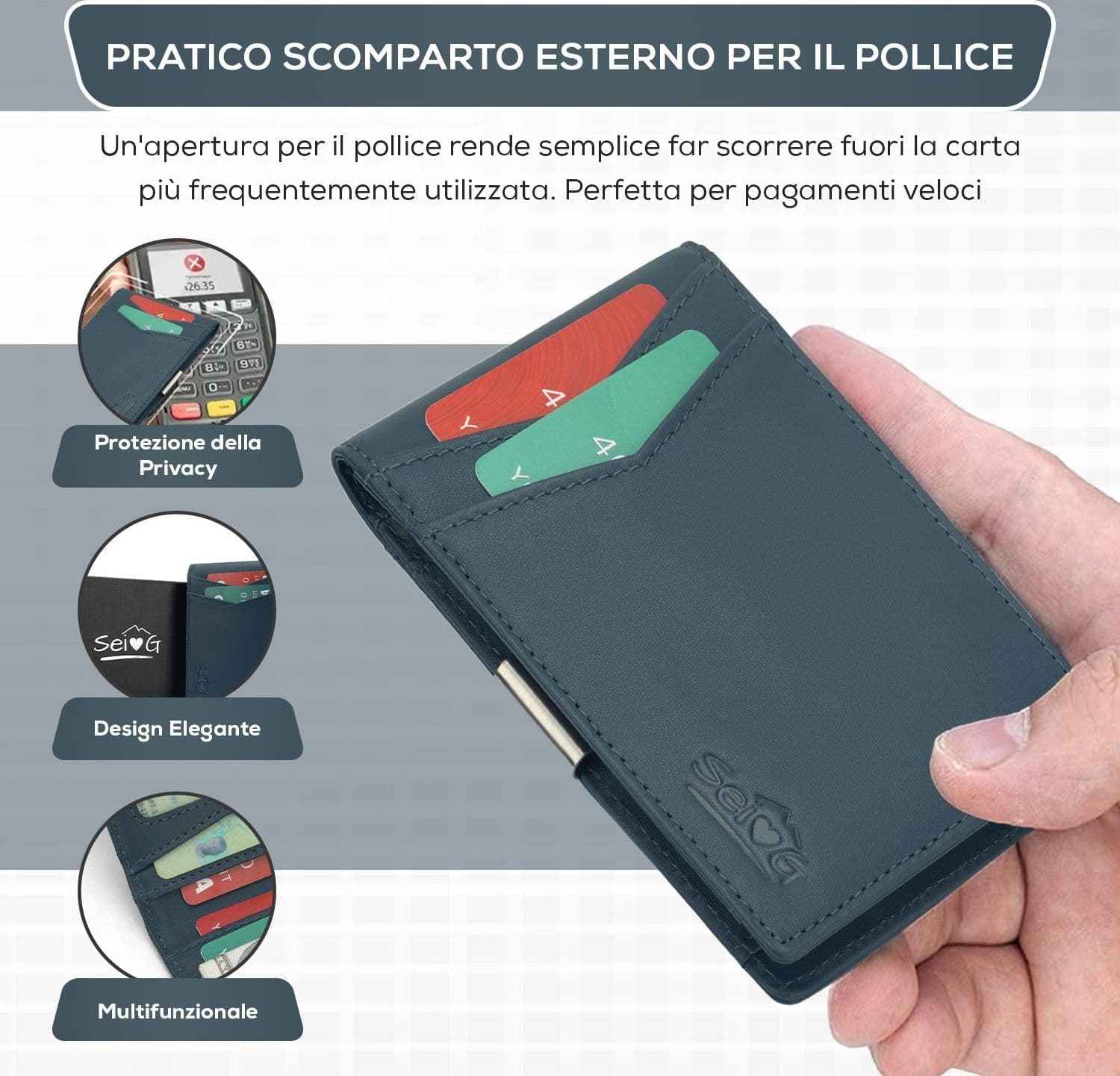 SEI G Portafoglio blu uomo portacarte blocco RFID Portafogli SEI G