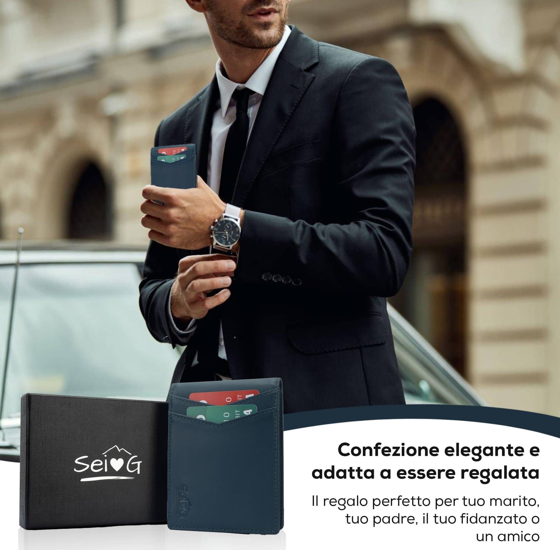SEI G Portafoglio blu uomo portacarte blocco RFID Portafogli SEI G
