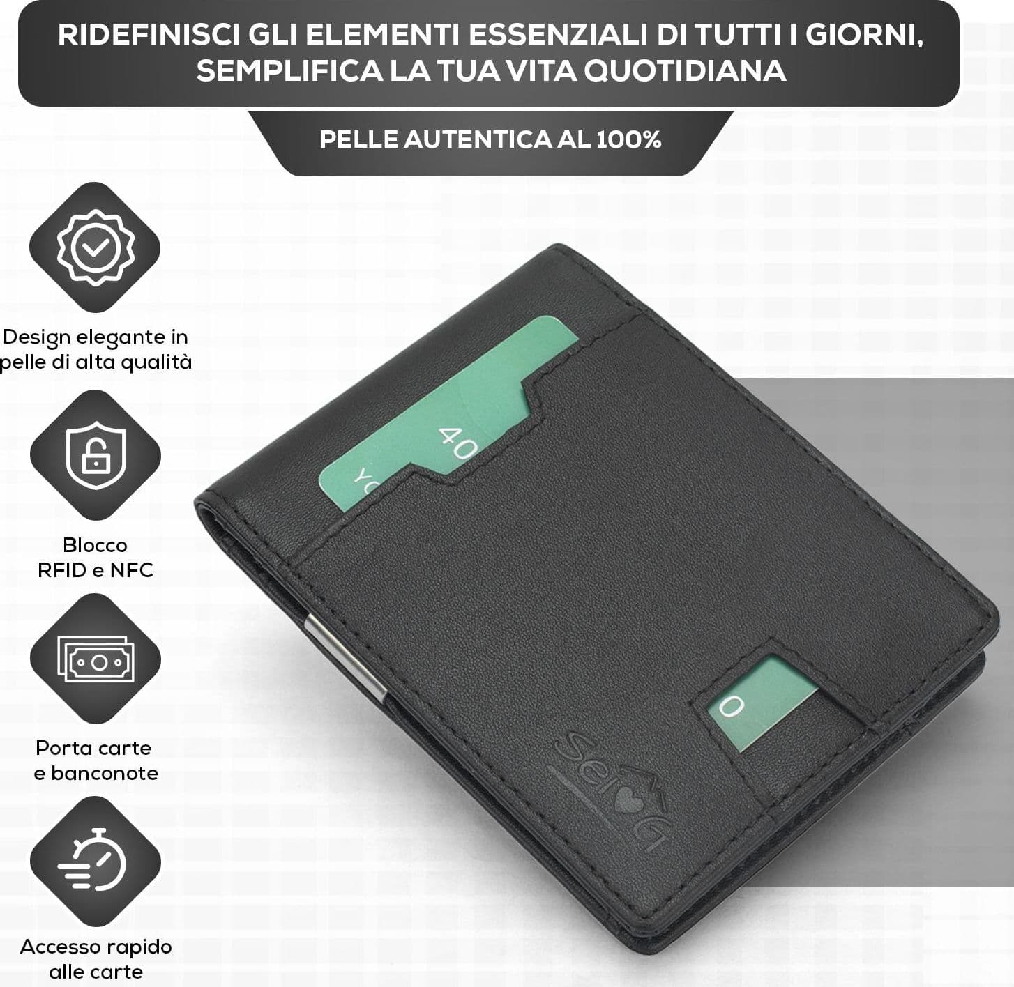 SEI G Portafoglio nero uomo portacarte blocco RFID Portafogli SEI G