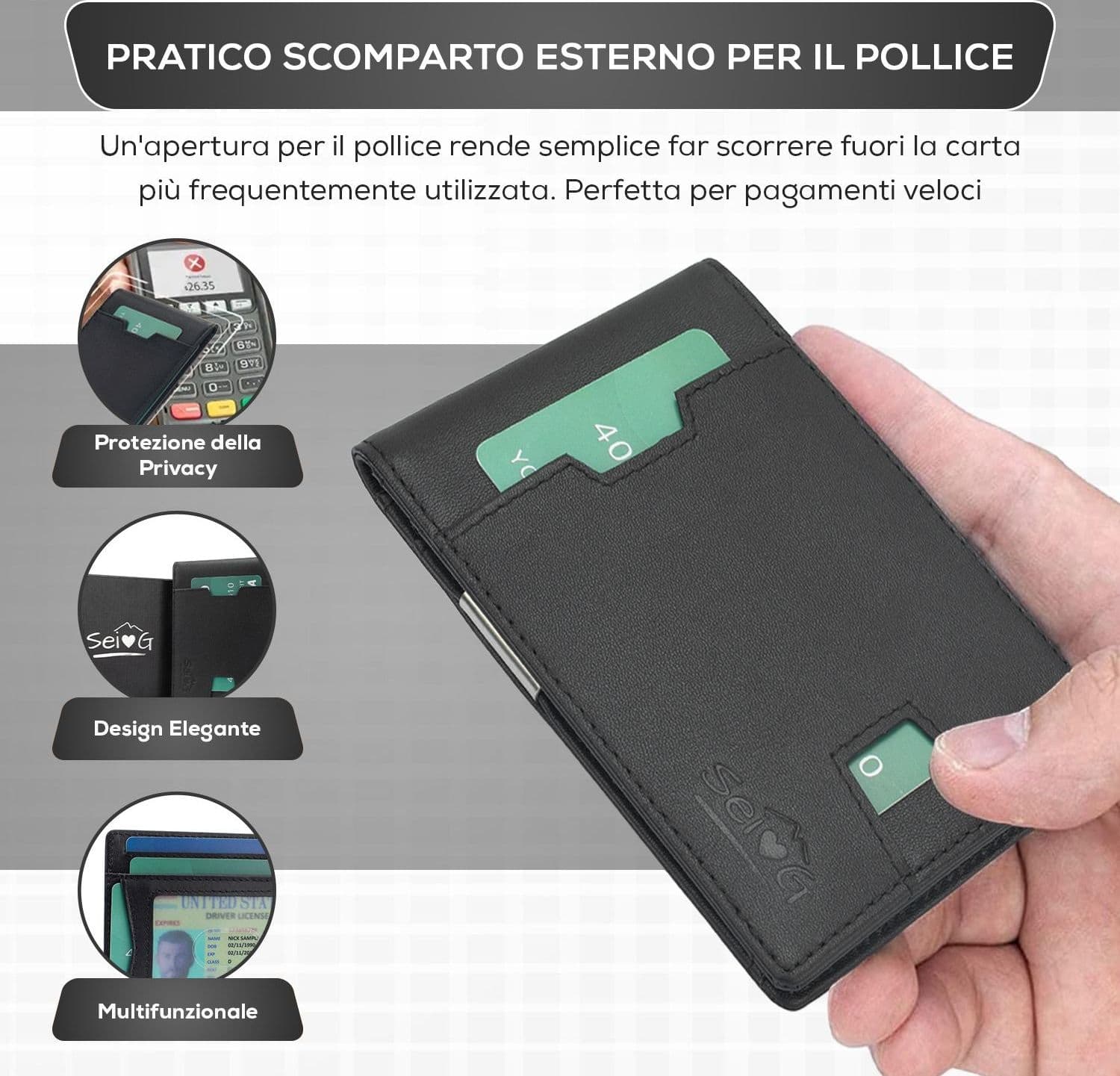 SEI G Portafoglio nero uomo portacarte blocco RFID Portafogli SEI G