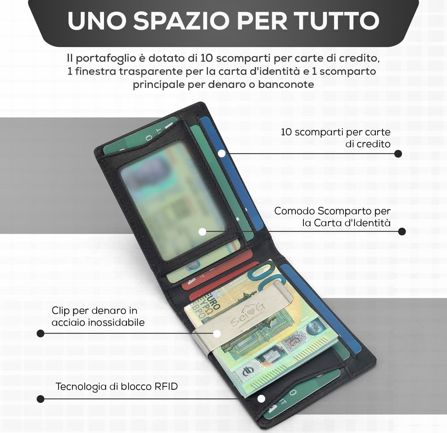 SEI G Portafoglio nero uomo portacarte blocco RFID Portafogli SEI G