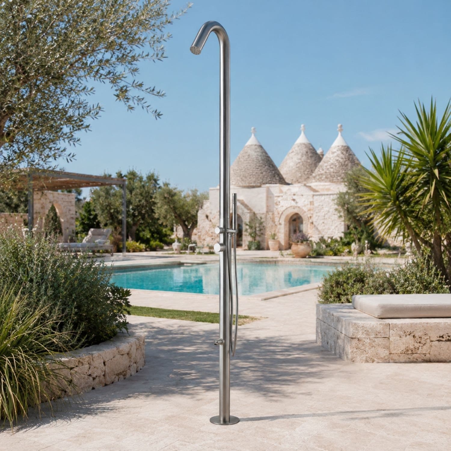 Colonna-doccia-da-esterno-Betulla-a-pavimento-inox-spazzolato-con-lava-piedi