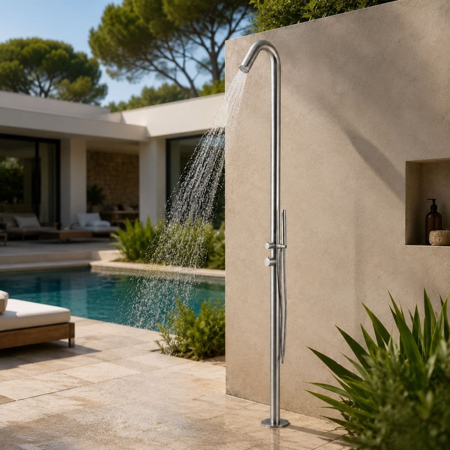 Colonna-doccia-da-esterno-Leccio-a-pavimento-inox-spazzolato-acqua-calda-e-fredda