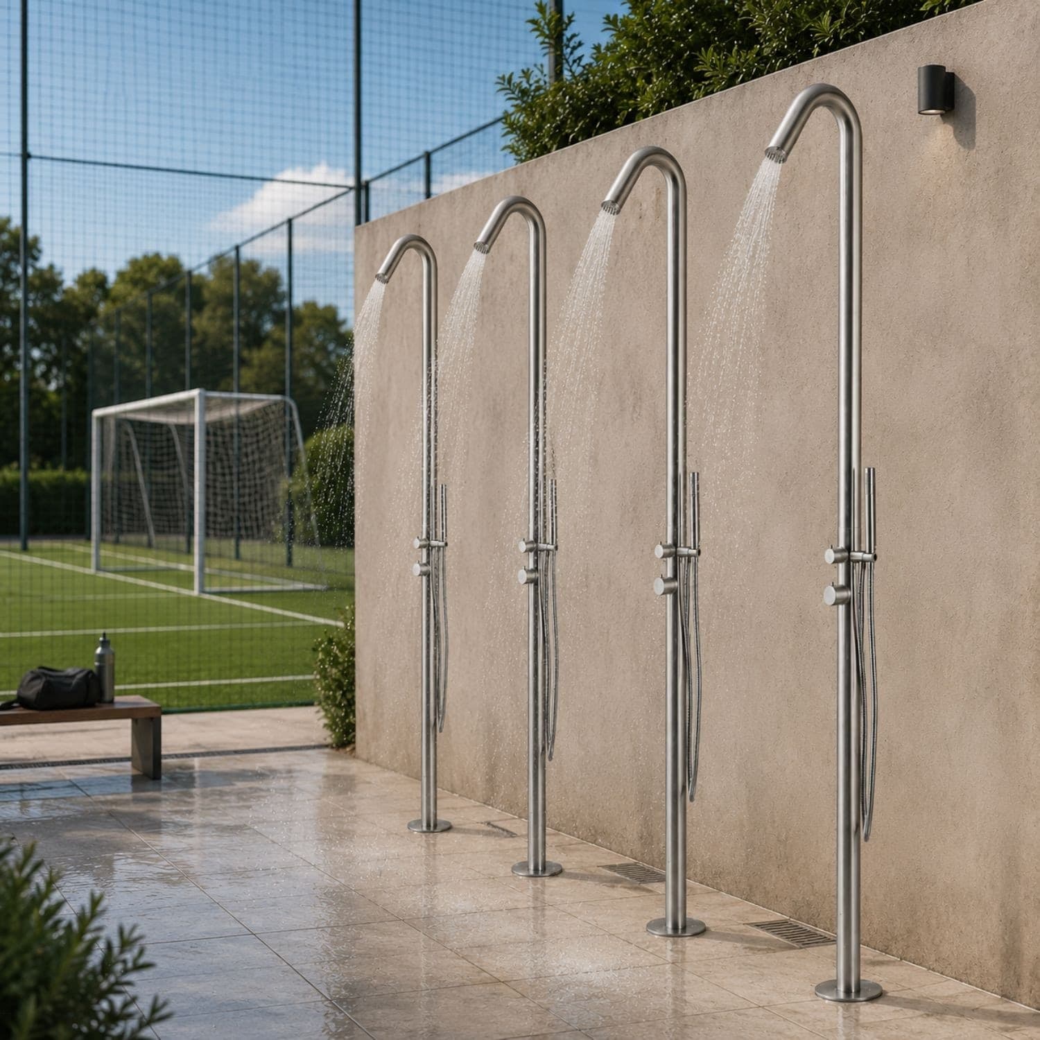 Colonna-doccia-da-esterno-Leccio-a-pavimento-inox-spazzolato-acqua-calda-e-fredda