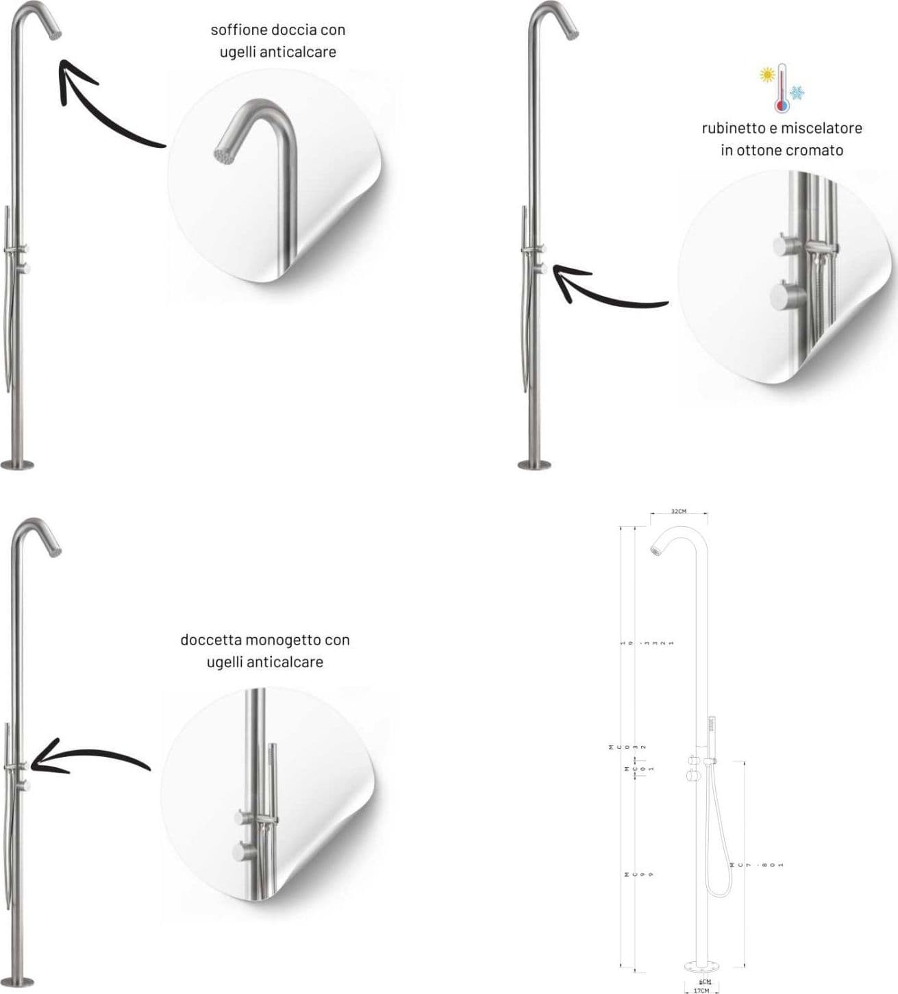 Colonna-doccia-da-esterno-Leccio-a-pavimento-inox-spazzolato-acqua-calda-e-fredda