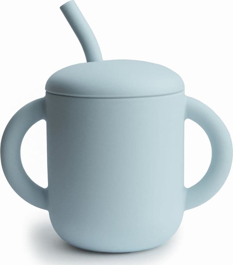 Tazza Educativa con Cannuccia Mushie In Silicone - Vari Colori – Azzurro Polvere