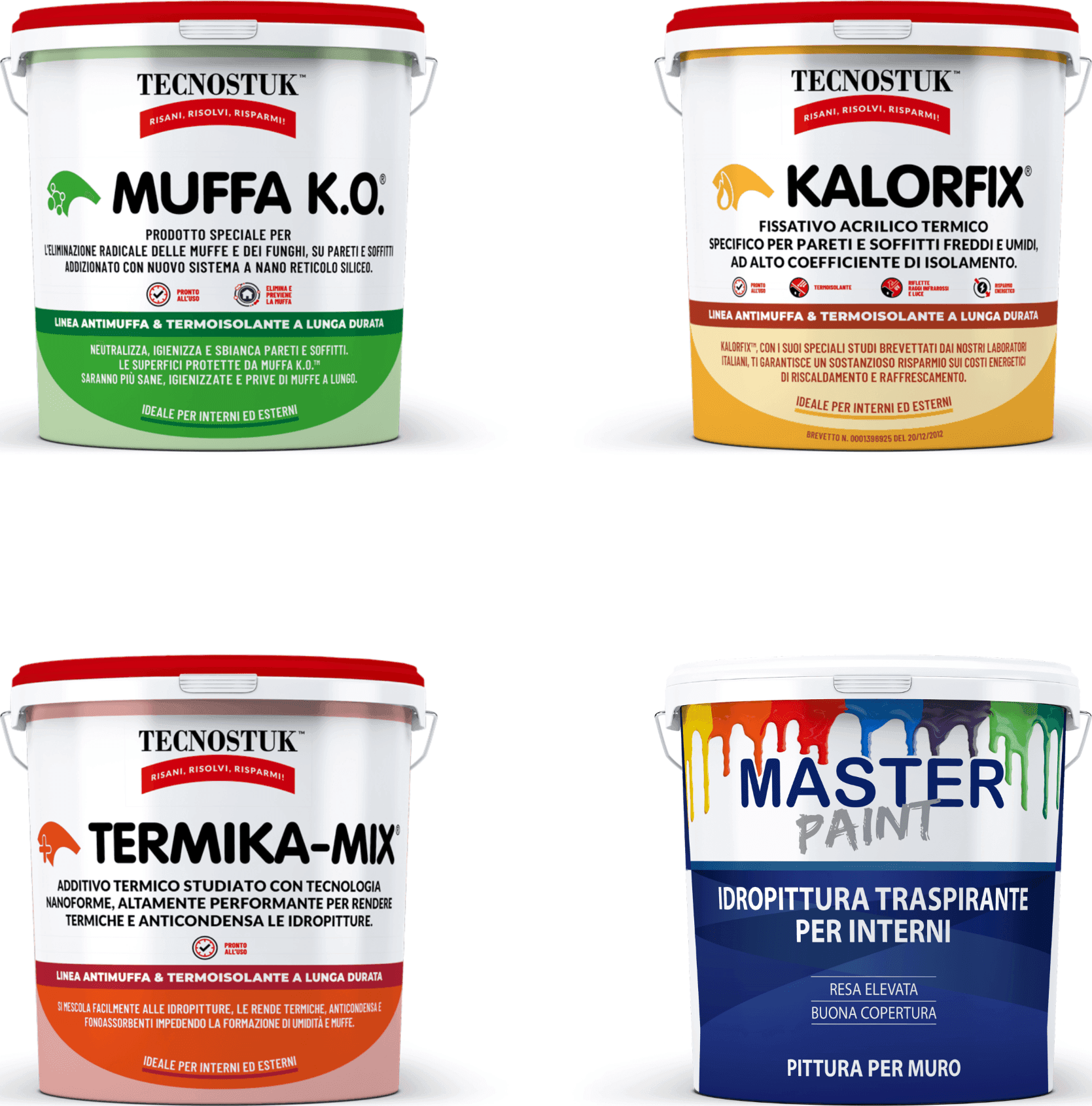 Kit Poca Muffa per 4/5 mq: Muffa Ko lt.1 + Kalorfix lt.1 + TermicaMix lt.1 + MasterPaint lt.1 - 6
