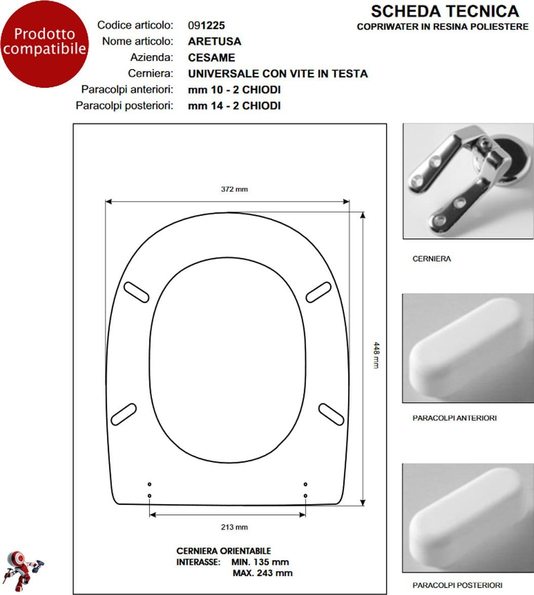 Copriwater coprivaso tavoletta sedile wc per cesame vaso Aretusa bianco - 4