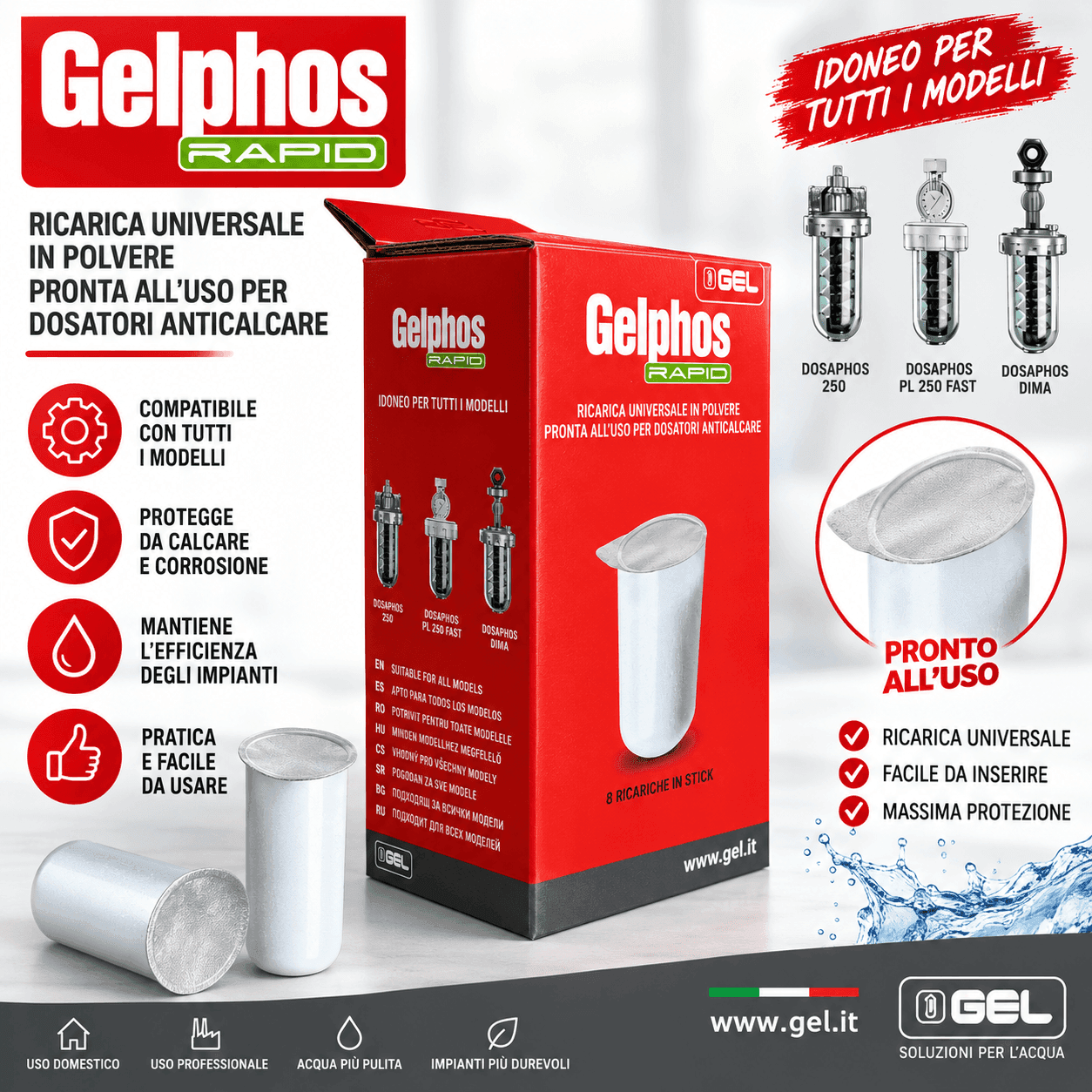 Ricariche Gelphos Rapid 8 cartucce Gel Made In Italy ricarica polifosfati caldaia - 5