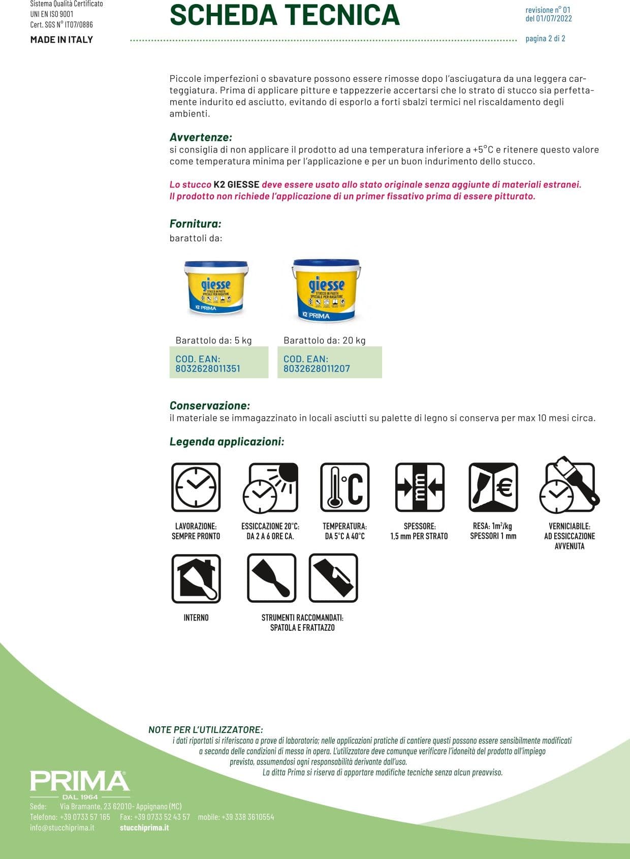 Prima K2 Giesse – Stucco speciale per rasature – 20 kg Bianco - 3