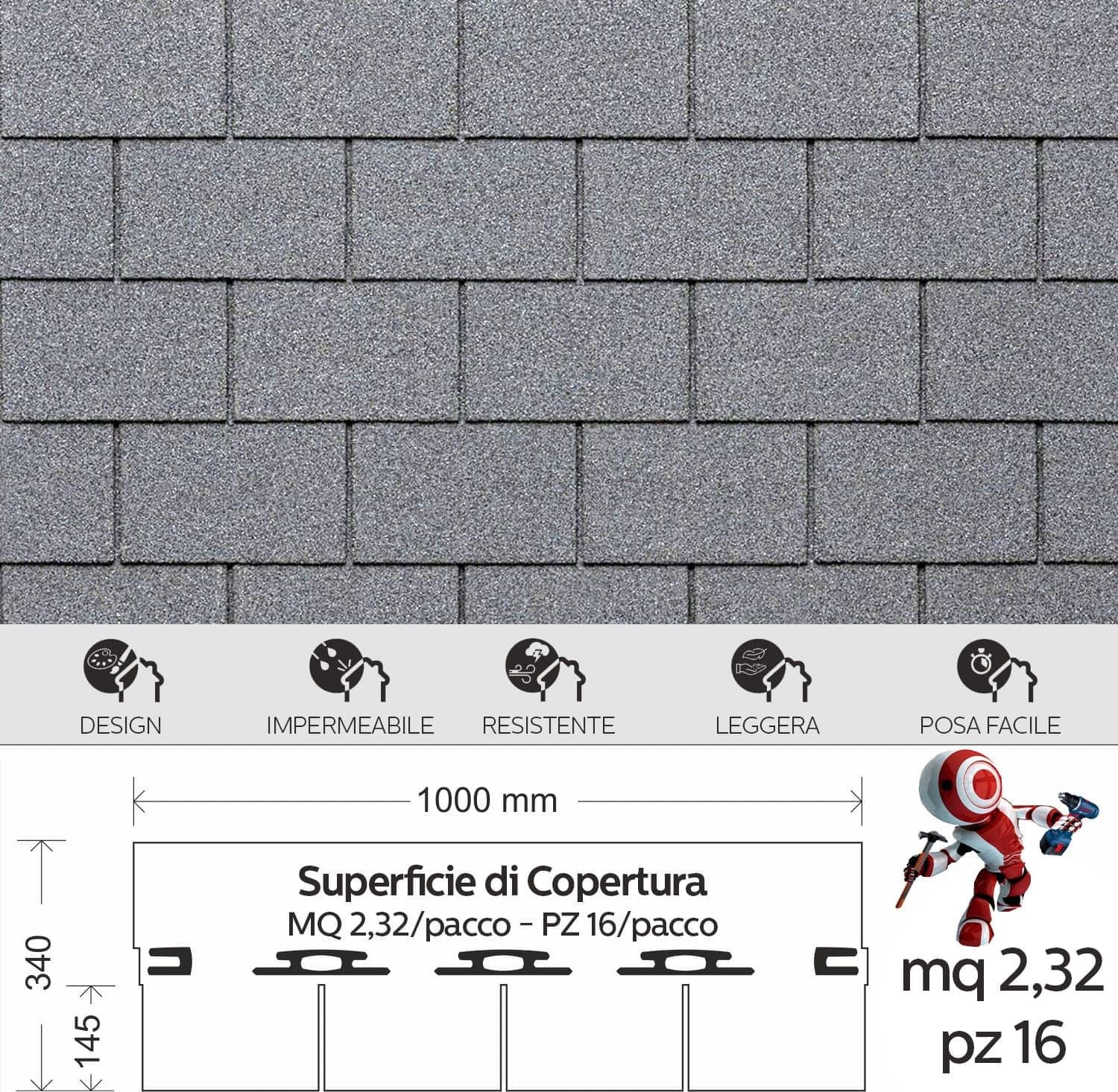 Tegola Canadese EcoRoof Rettangolare Bituminosa 2,32 mq/pacco 16 pezzi - 6