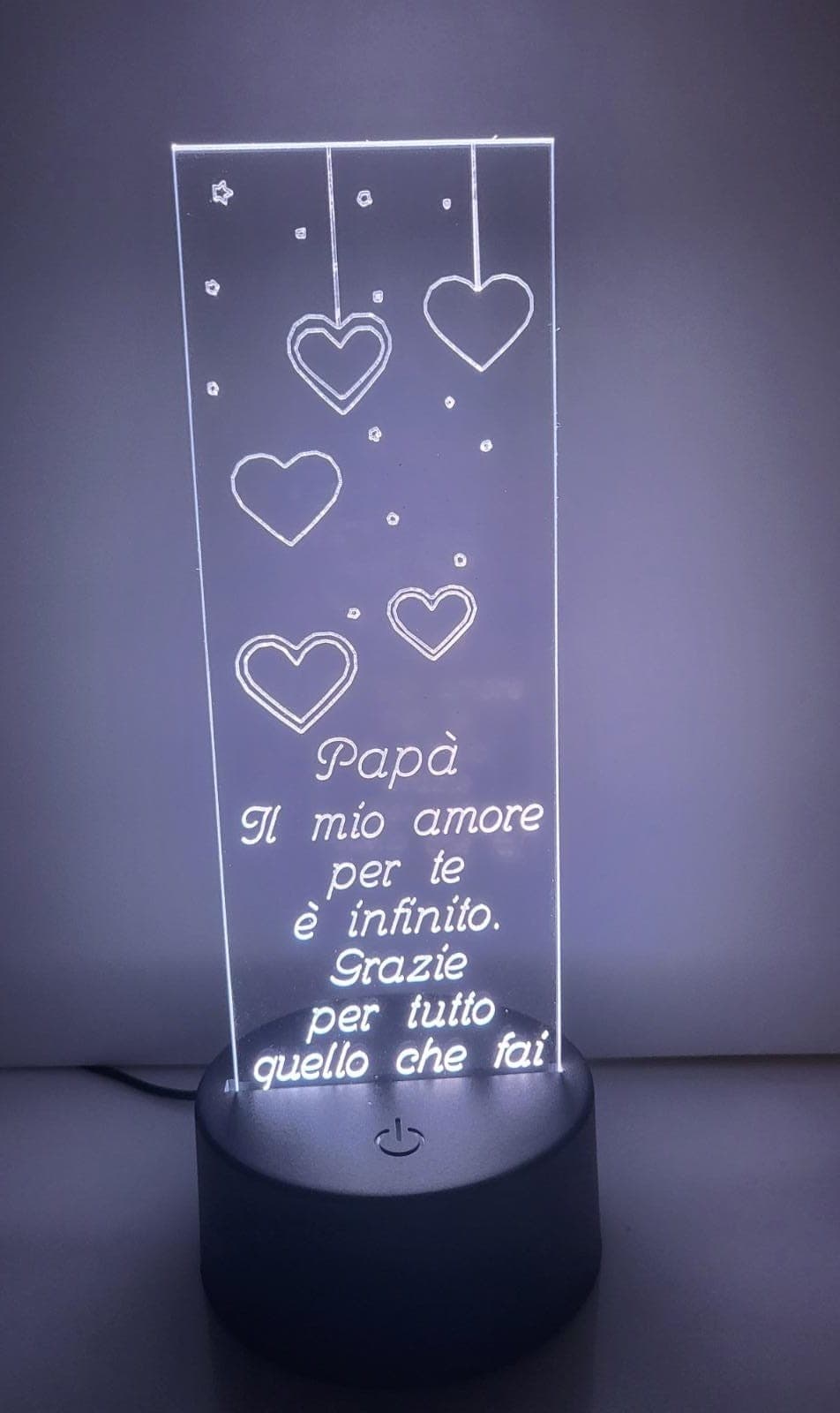 LAMPADA IN PLEXIGLASS REGALO FESTA DEL PAPA' CUORE FRASI AMORE PERSONALIZZATA LUCE LED RGB