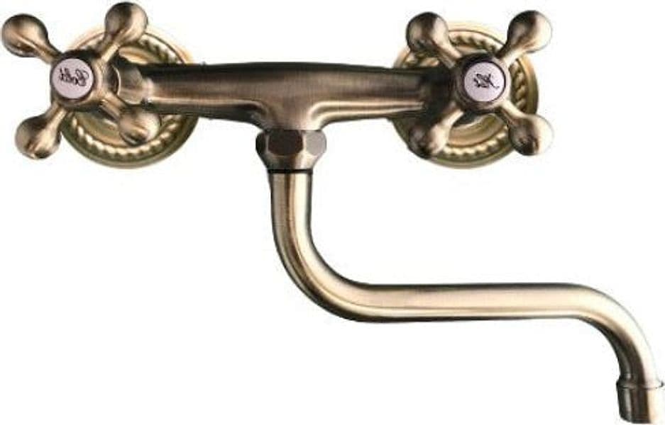 Rubinetto gruppo lavello a parete bronzato, vecchio ottone maniglie a stella rosoni decorati - 4