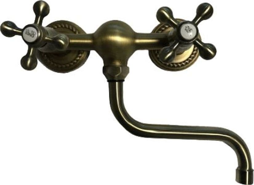 Rubinetto gruppo lavello a parete bronzato, vecchio ottone maniglie a stella rosoni decorati - 6