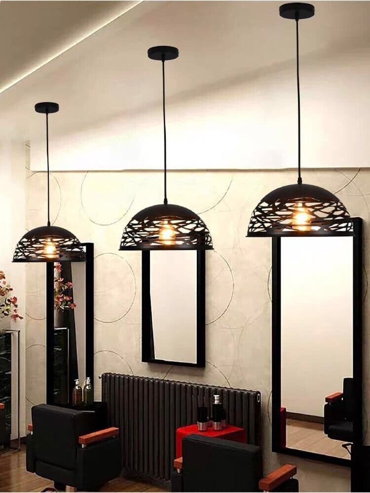 Lampadario A Sospensione Paralume In Metallo Traforato Portalampada E27 Nero - 5