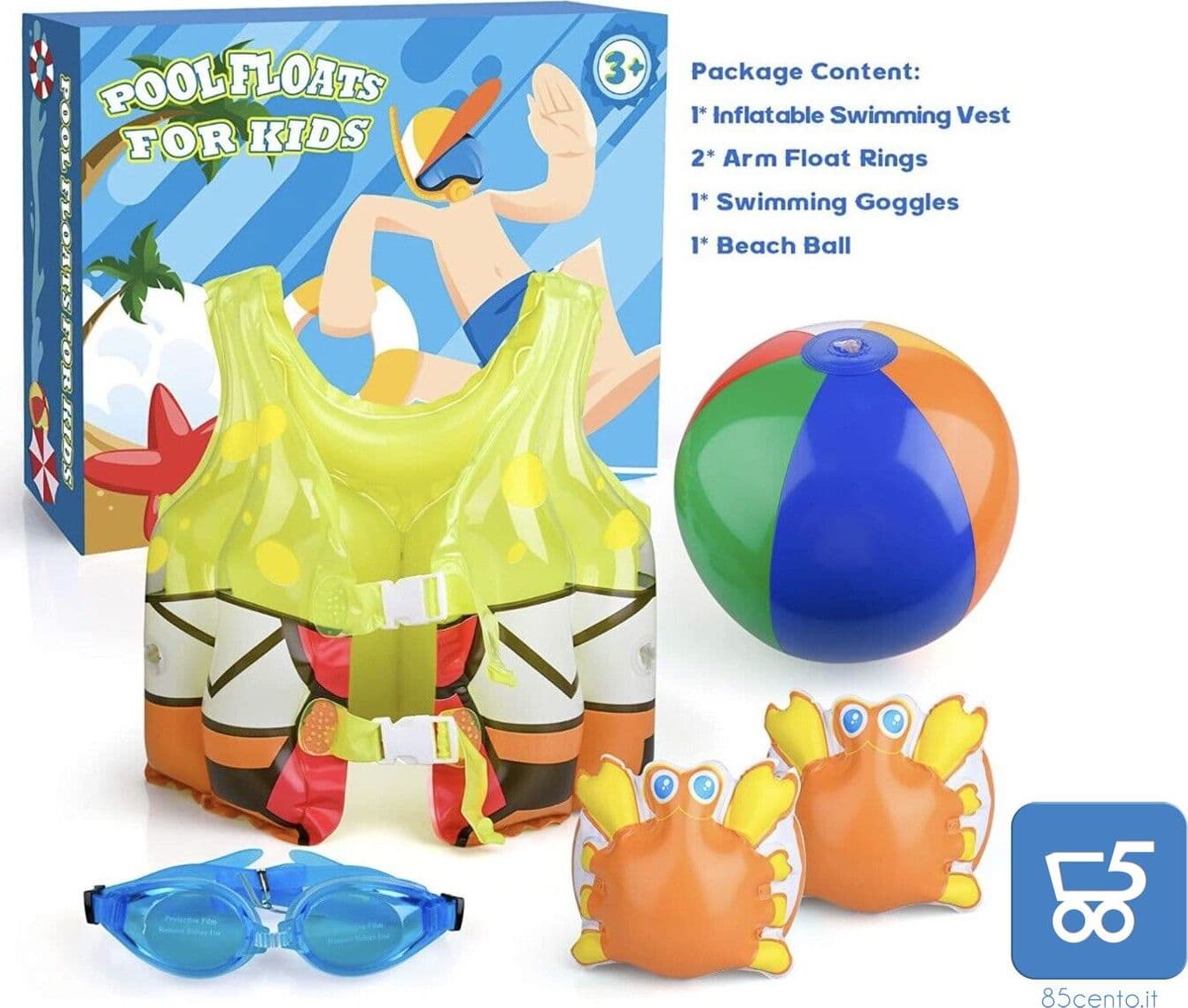 Kit Piscina per Bambini con Giubbotto Gonfiabile 2 Braccioli Occhialini e Una Palla +3 anni – Auney – giocattolo