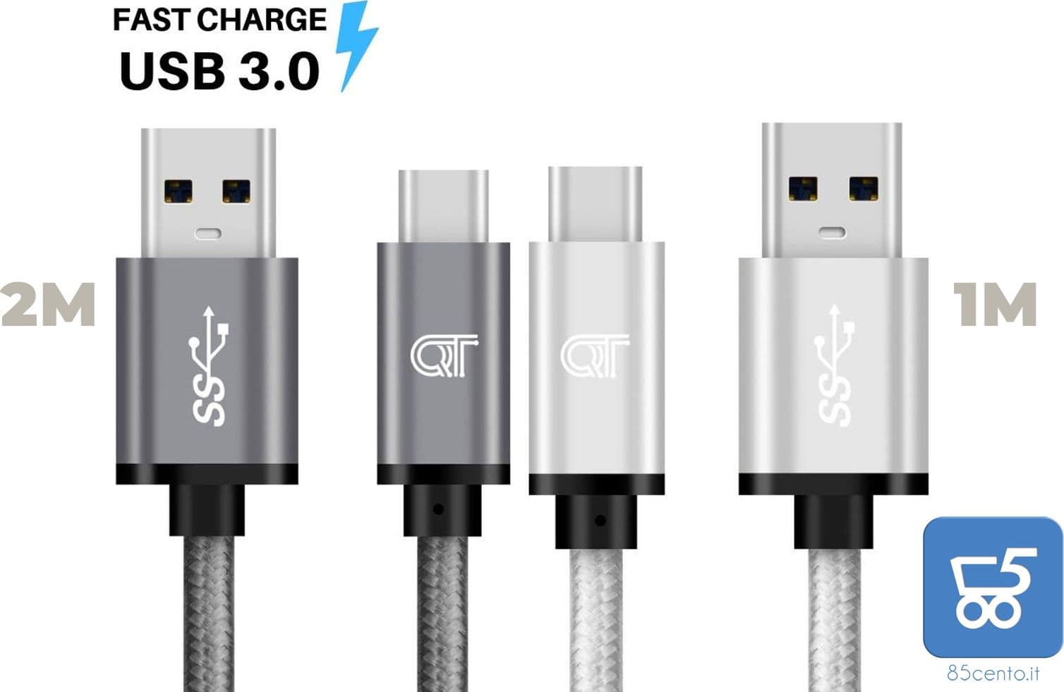 Cavi USB Tipo C a USB 3 Ricarica Rapida Data Sync in Nylon Intrecciato per Android (1 metro Bianco + 2 metri Grigio) –
