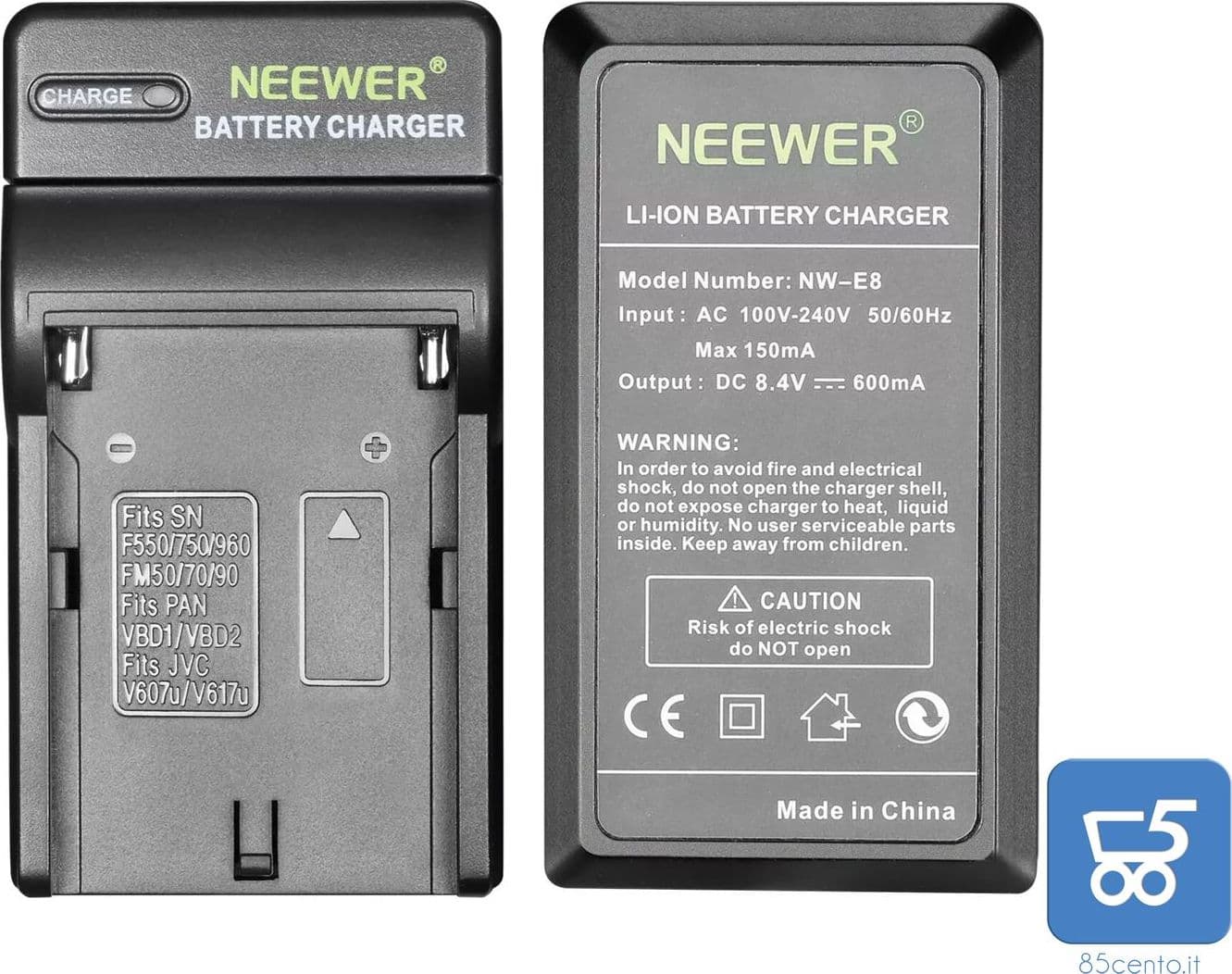 Caricabatteria NEEWER Li-Ion DC 8.4V 600mA per Batterie Sony F550/750/960 FM 50/70/90 – argentato