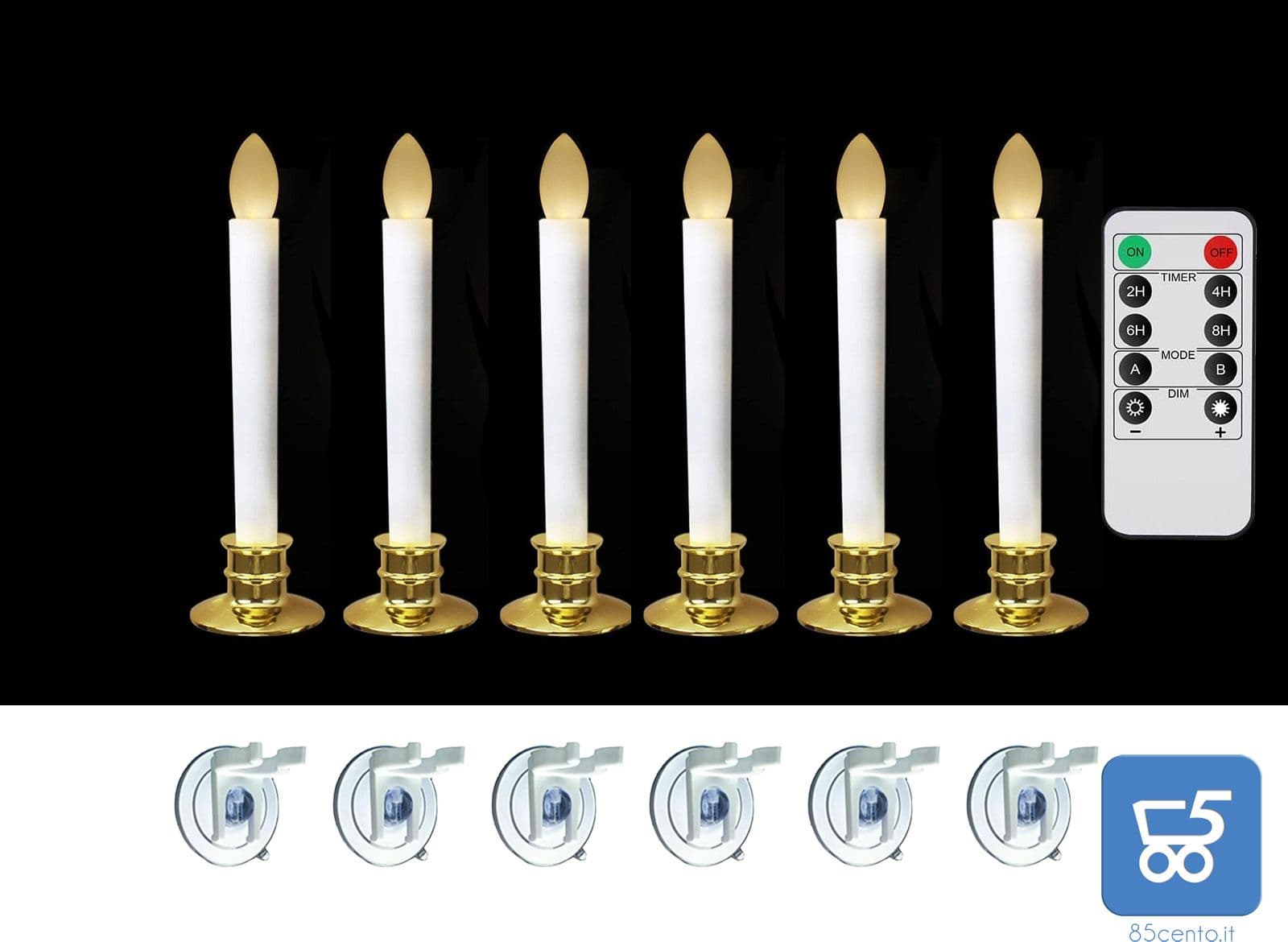 Candele Senza Fiamma a LED Da Finestra Con Telecomando e Timer Coniche Alimentate A Batteria Con Portacandele Dorati Kit da 6 pz + 1 Telecomando - 6