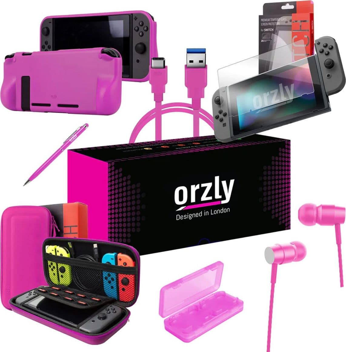 Borsa Essential Pack per Nintendo Switch Case 2 Vetri Protettivi Grip Case Porta Cavo USB  Cartucce Cuffie Penna Colore ROSA