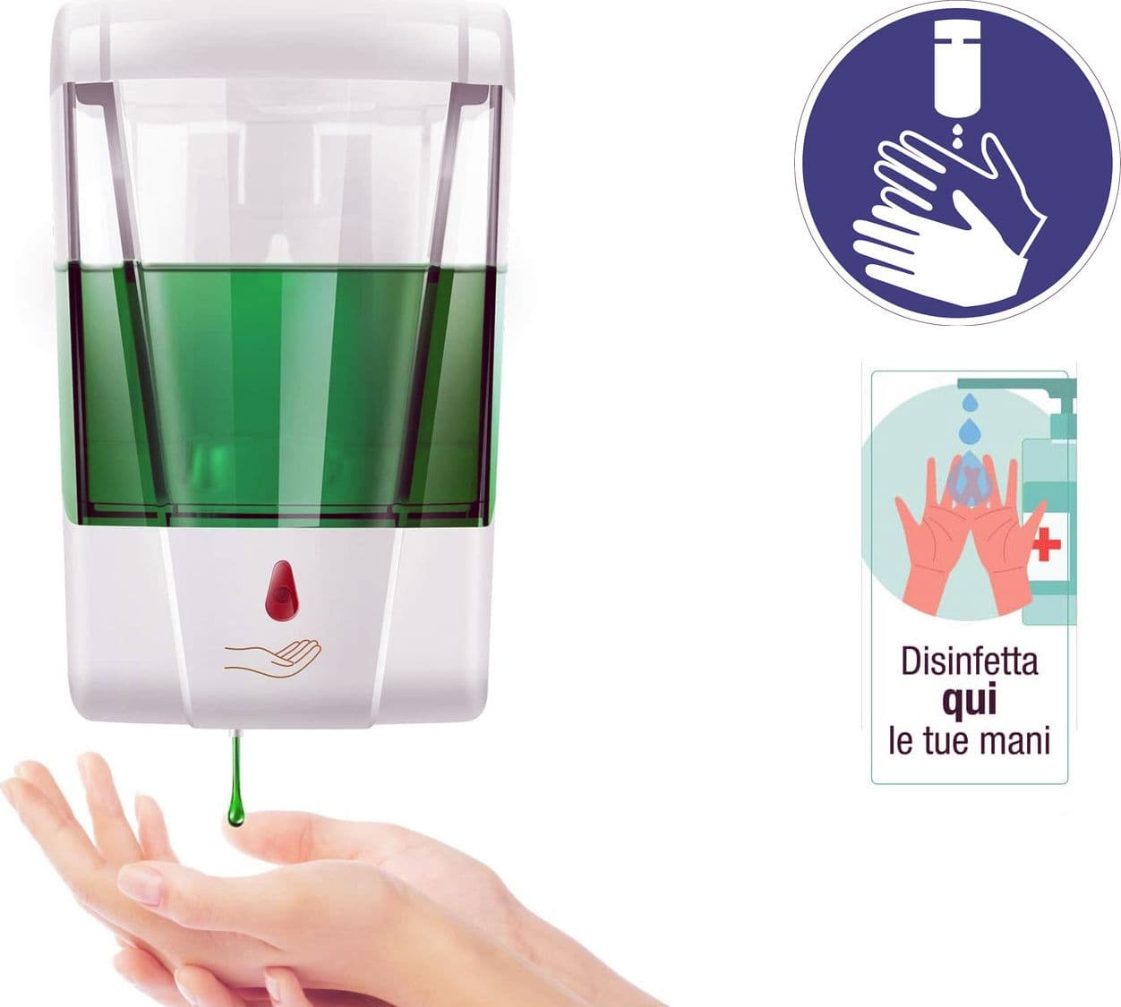 Dispenser Sapone Gel Disinfettante Automatico 700ml Regolabile a Batteria Touchless a parete casa ufficio ingresso