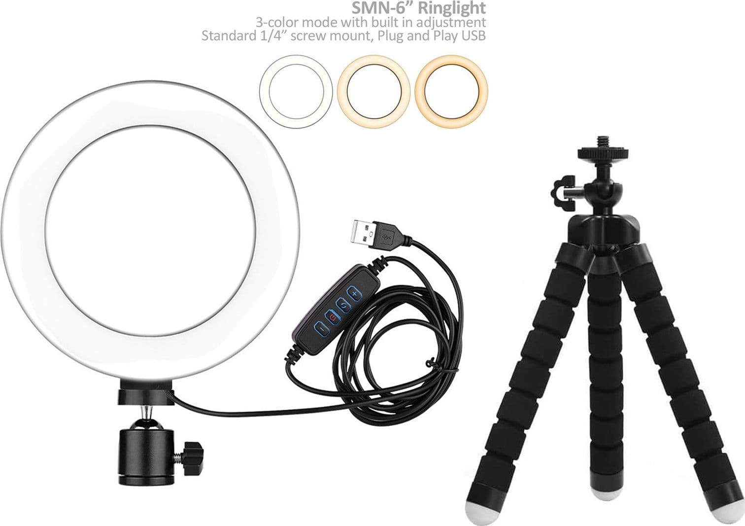 LED Ring light 15 cm diametro SMN-6 3 Colori Dimmerabile con Mini Tripod Flessibile da Scrivania compatto portatile –