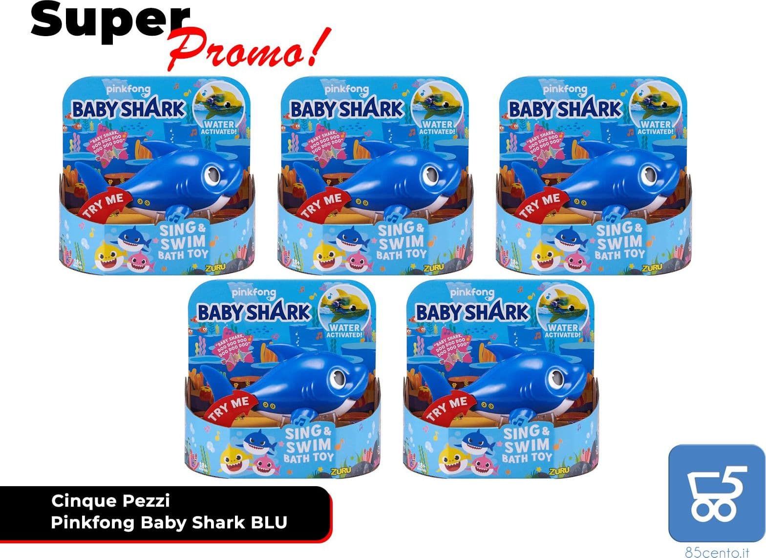 Promo 5 Pezzi Pinkfong Baby Shark Giocattolo da Bagno Canta e Nuota a Batteria Blu per Bambini +18 Mesi, Nuota per Davvero!