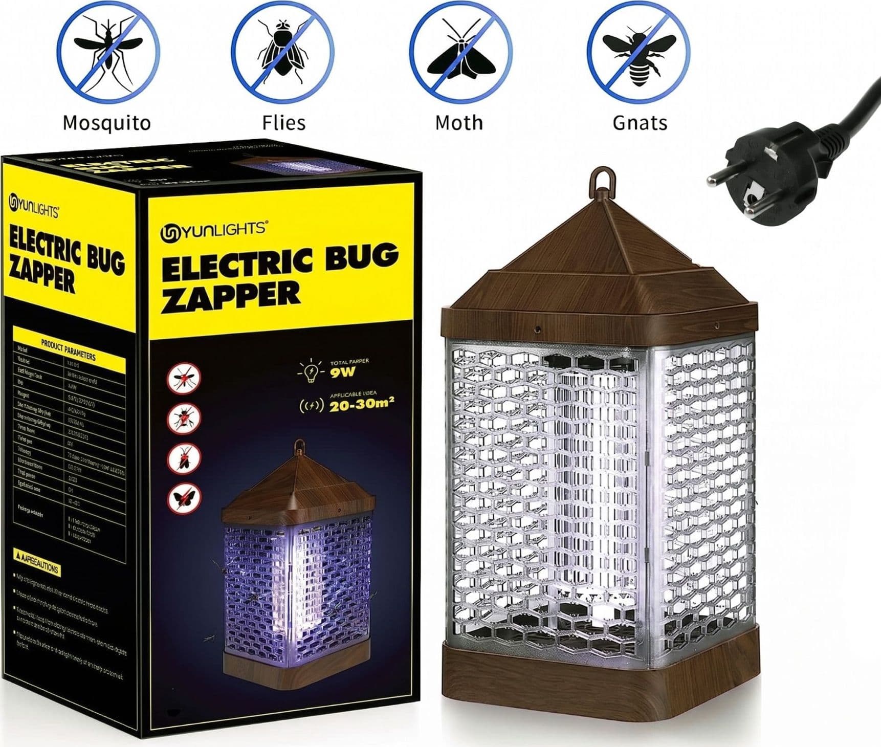 Lampada Insetticida elettrico YUNLIGHTS da 9W per zanzare e insetti con luce UV per interni ed esterni 220V fino a 25-30