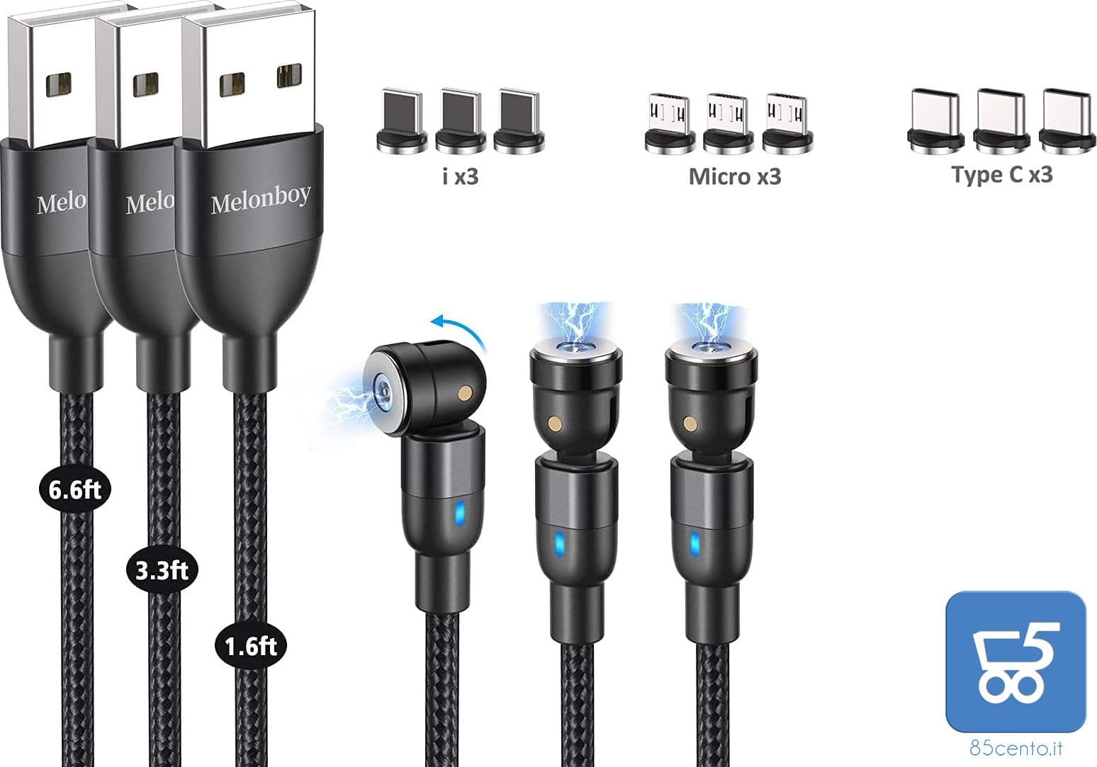 Kit 3 Cavi Magnetici USB 0.5m 1m 2m - 3 in 1 Rotante di 360°+180° Rivestimento Nylon adattatori Micro USB/Tipo C/i-P Nero –