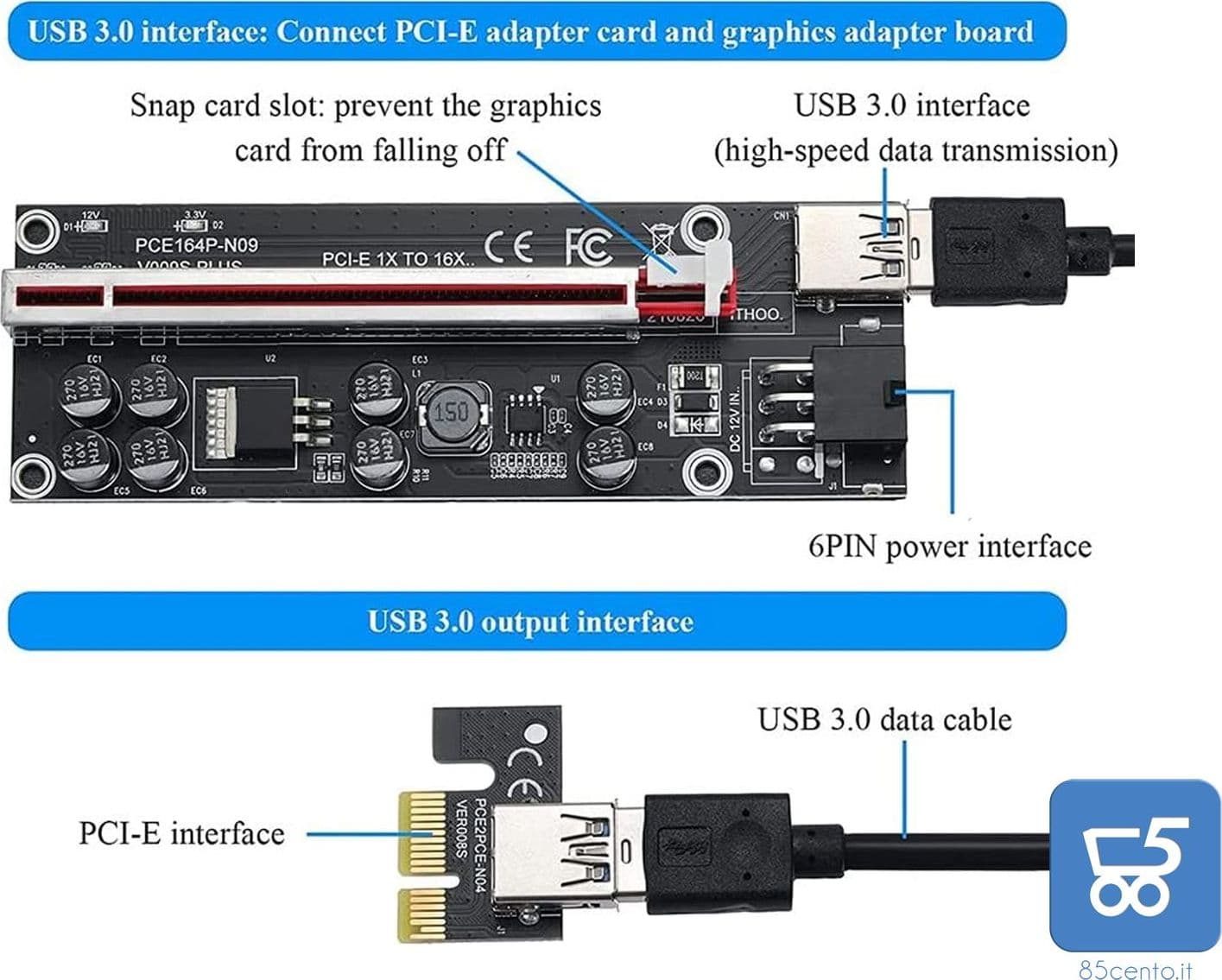 Scheda Riser V009S-PLUS PCIE 1X TO 16X per Bitcoin Ethereum Mining – elettronica