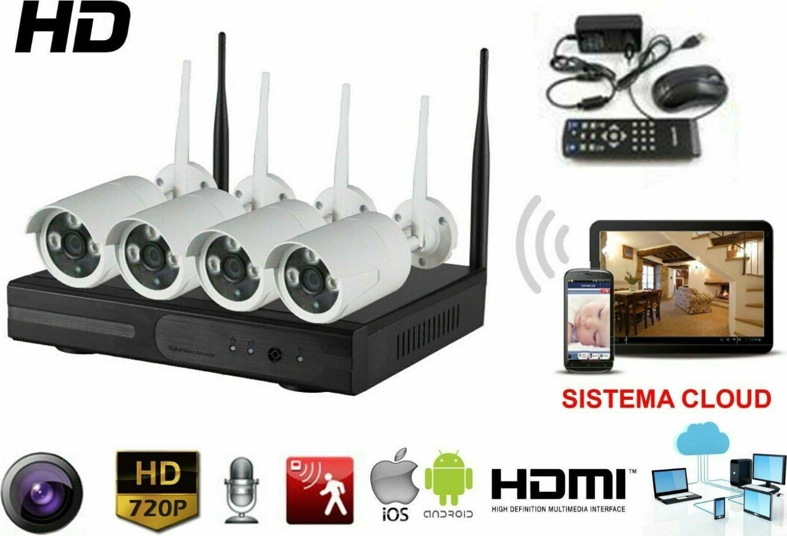 KIT 5G VIDEOSORVEGLIANZA 4 TELECAMERE WIRELESS FULL HD WIFI REMOTO IP LAN NVR - 2
