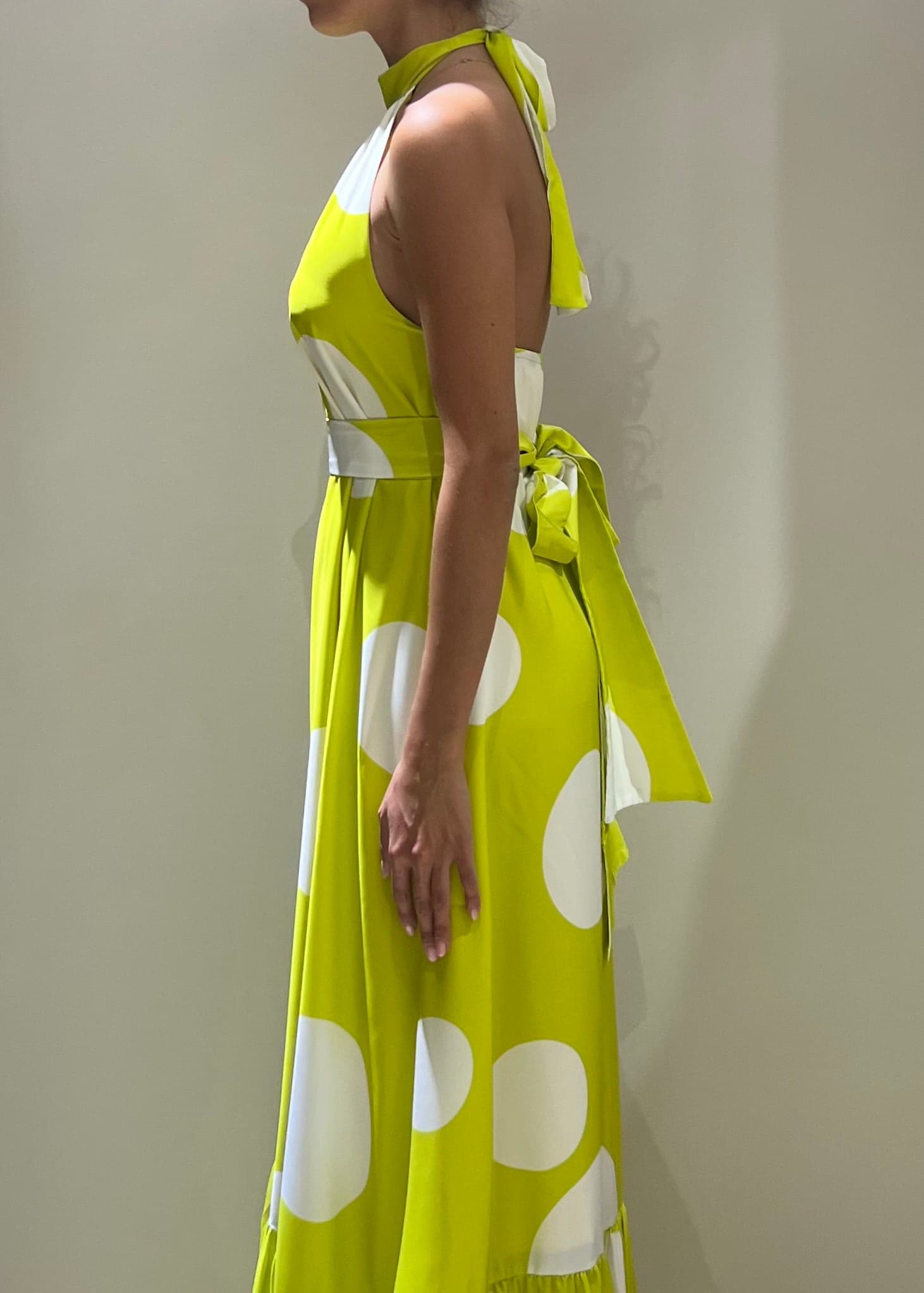 Dramee-Vestito-Lungo-Donna-Con-Cintura-A-Pois-Lime