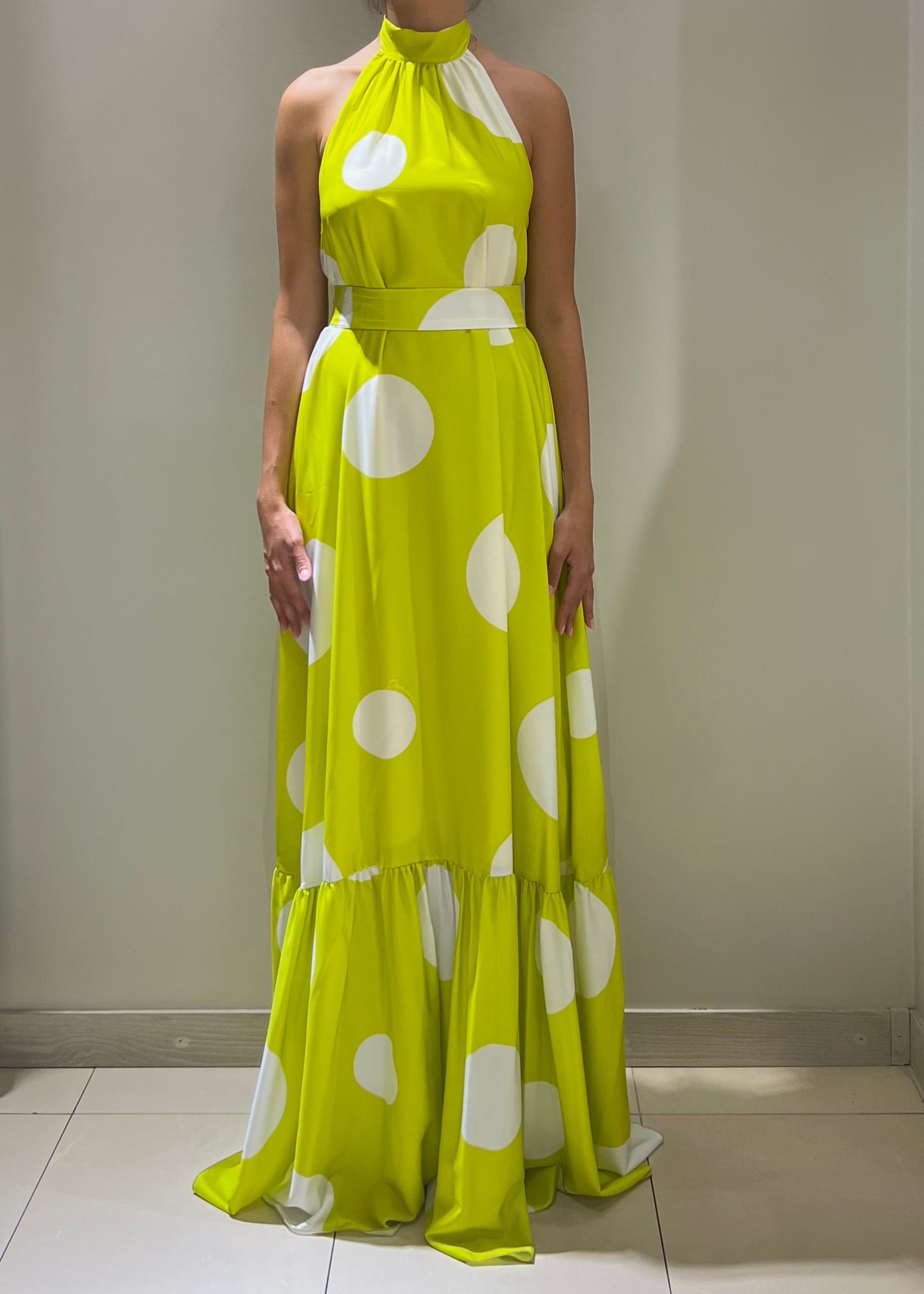 Dramee-Vestito-Lungo-Donna-Con-Cintura-A-Pois-Lime