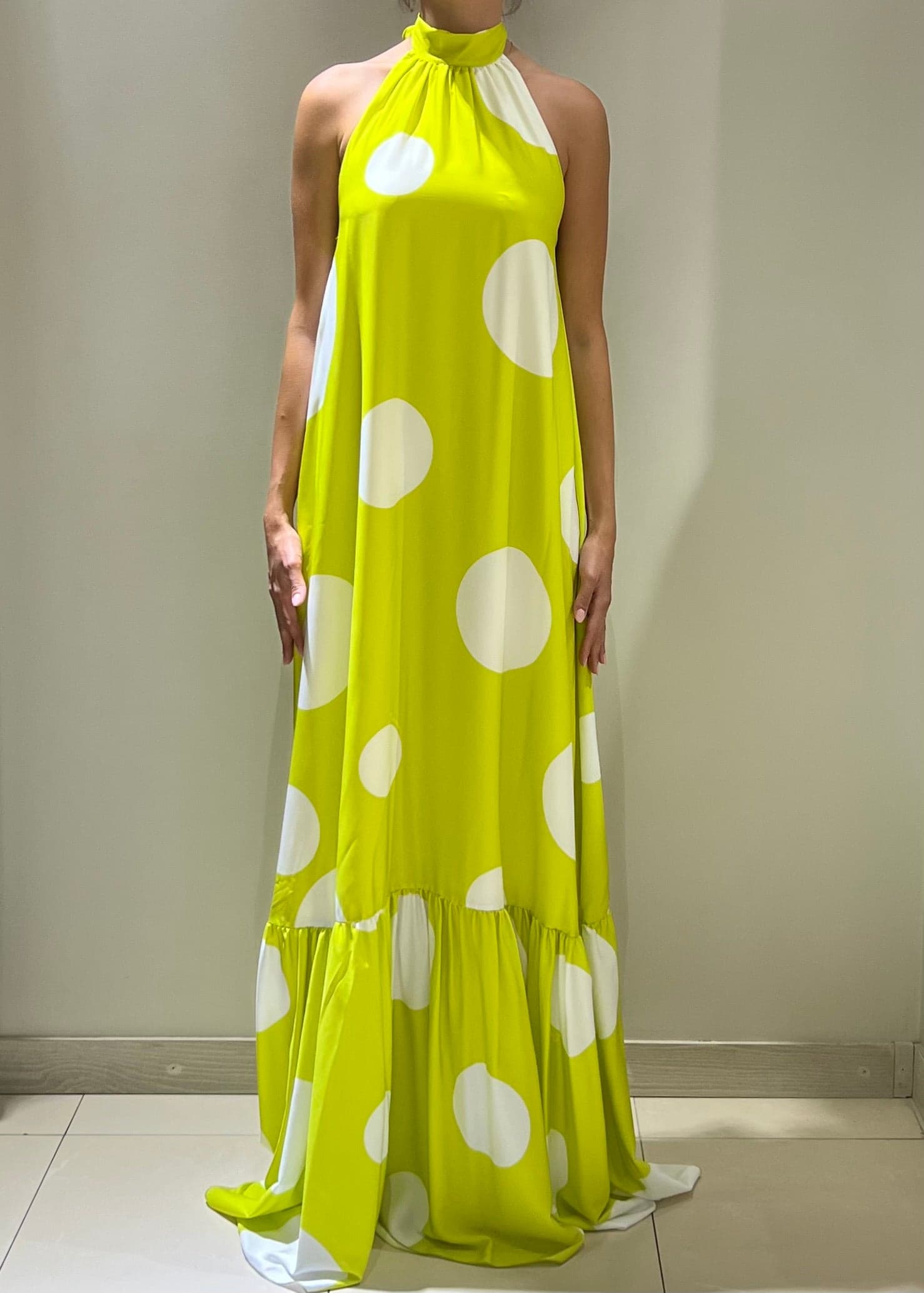Dramee-Vestito-Lungo-Donna-Con-Cintura-A-Pois-Lime