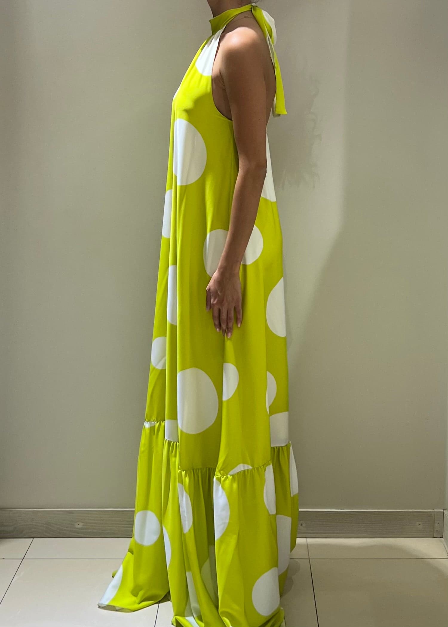 Dramee-Vestito-Lungo-Donna-Con-Cintura-A-Pois-Lime