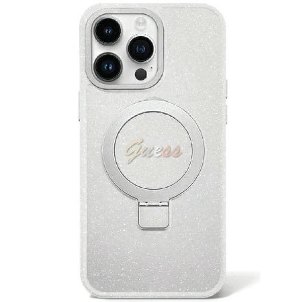 cover guess iphone 14 / 15 plus trasparente anello stand glitter compatibile magsafe