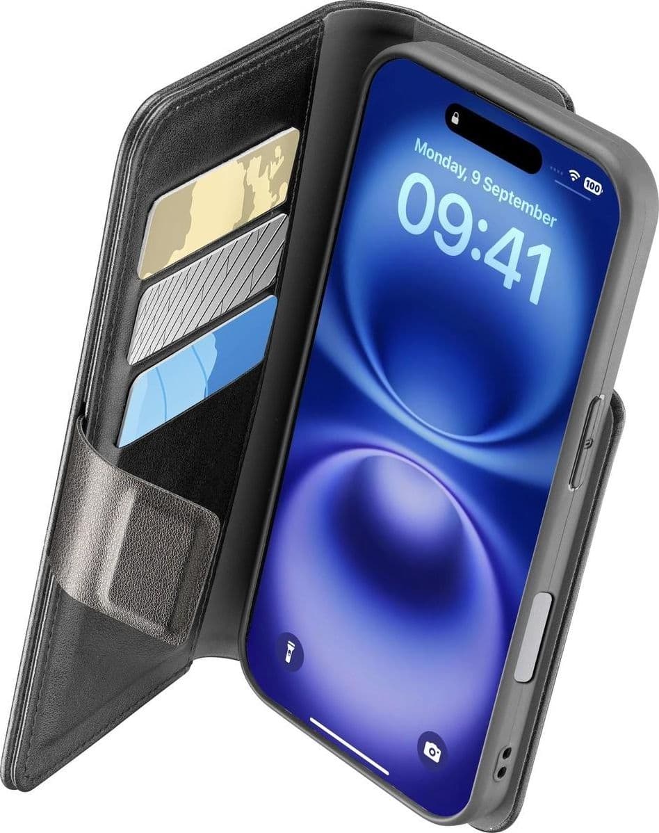 custodia a libro iphone 16 plus nera con porta carte di credito - 2