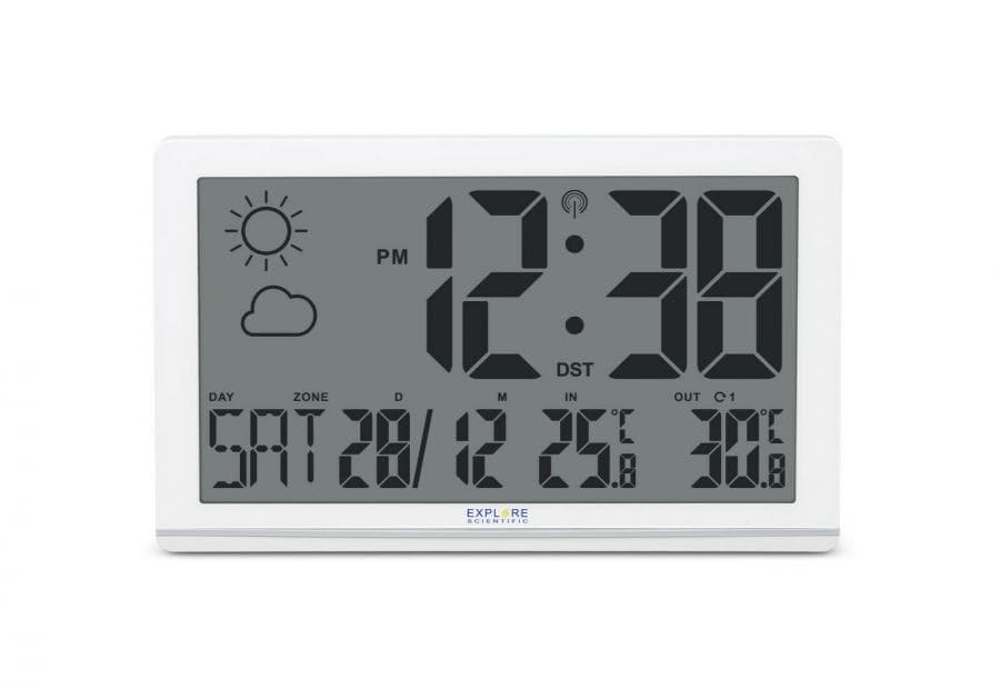 Explore Scientific RDC8001  Orologio da Parete Jumbo Radio-Controllato, Sensore Temperature Esterna, Previsioni del Tempo, bianc
