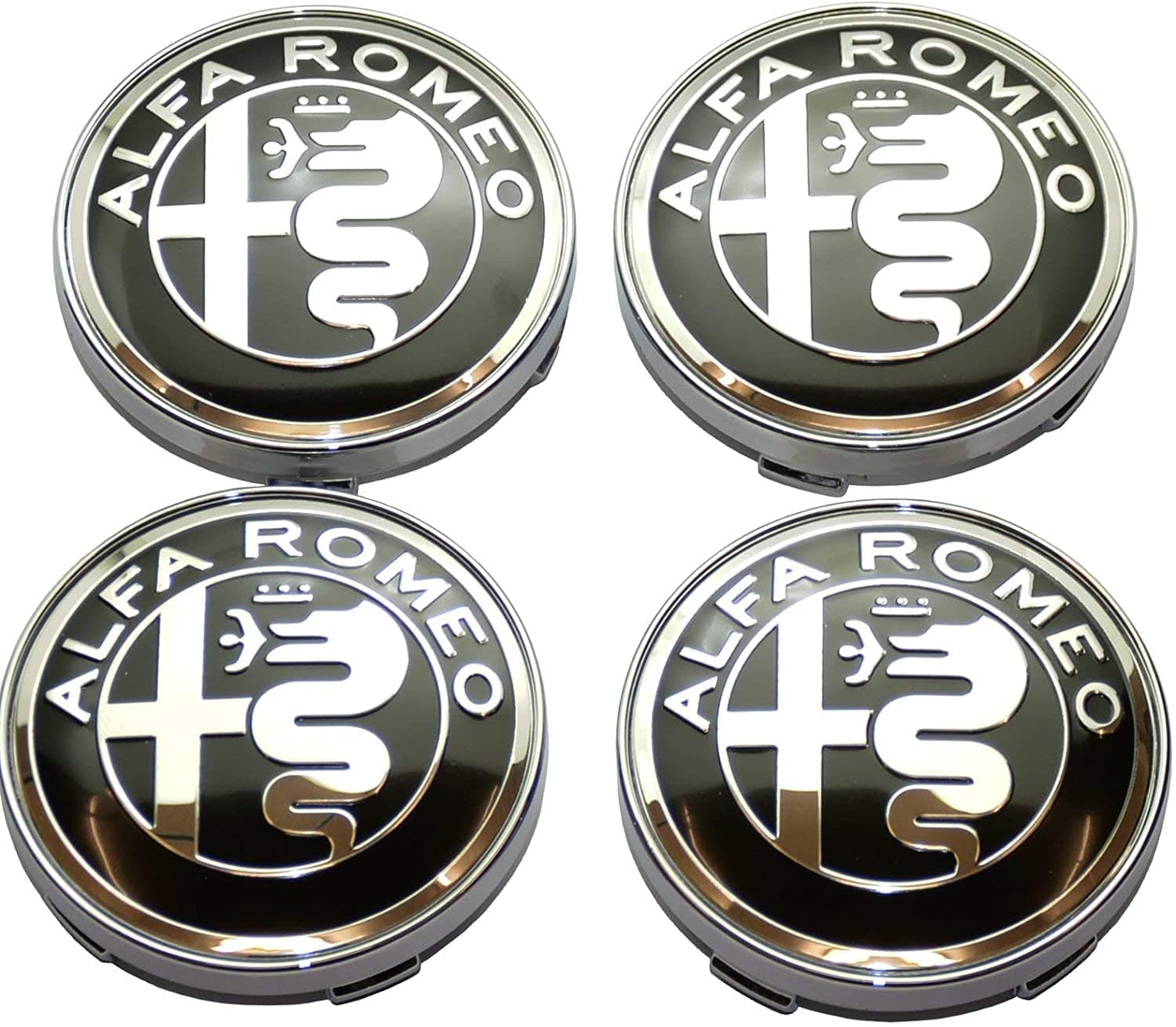 4 Tappi mozzo ALFA ROMEO Cerchi in Lega Coprimozzo da 60mm Borchie NERO BORDO CROMATO - 2