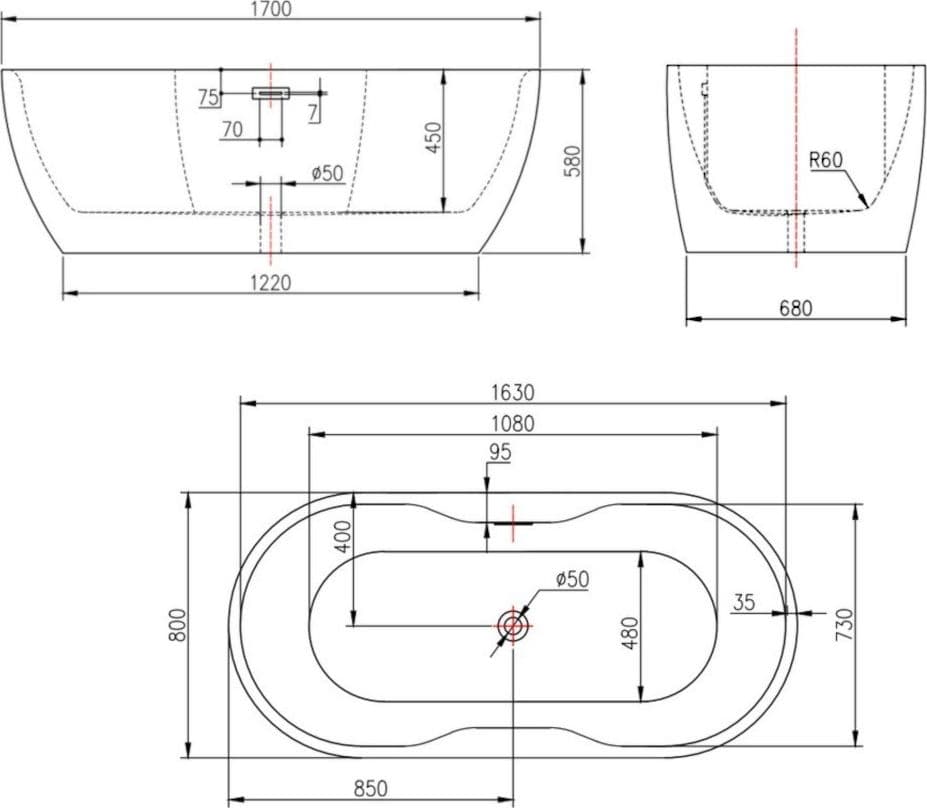 Vasca Da Bagno Free Standing Forma Ovale Acrilico Bianco Lucido 170 cm - 4