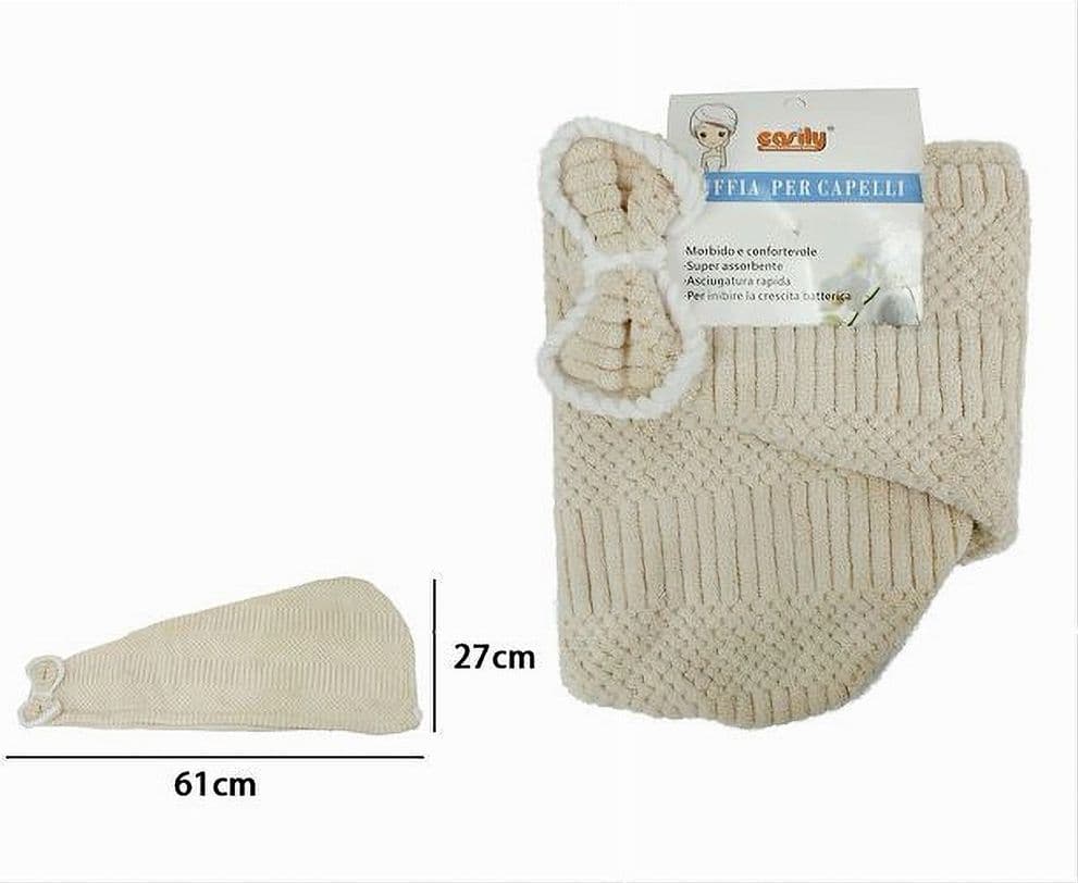 CUFFIA ASCIUGAMANO SHAMPOO BAGNO DOCCIA ASCIUGA CAPELLI FIOCCHETTO BEIGE 79633 - 2