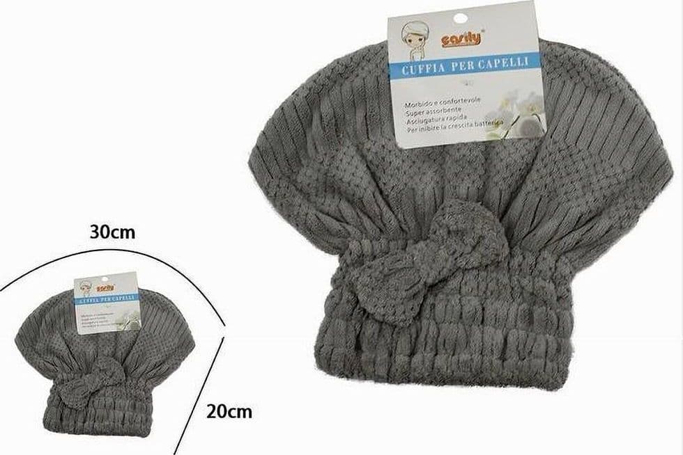 CUFFIA ASCIUGA CAPELLI ASCIUGAMANO DOCCIA MORBIDO ASSORBENTE FIOCCO GRIGIO 79629 - 2
