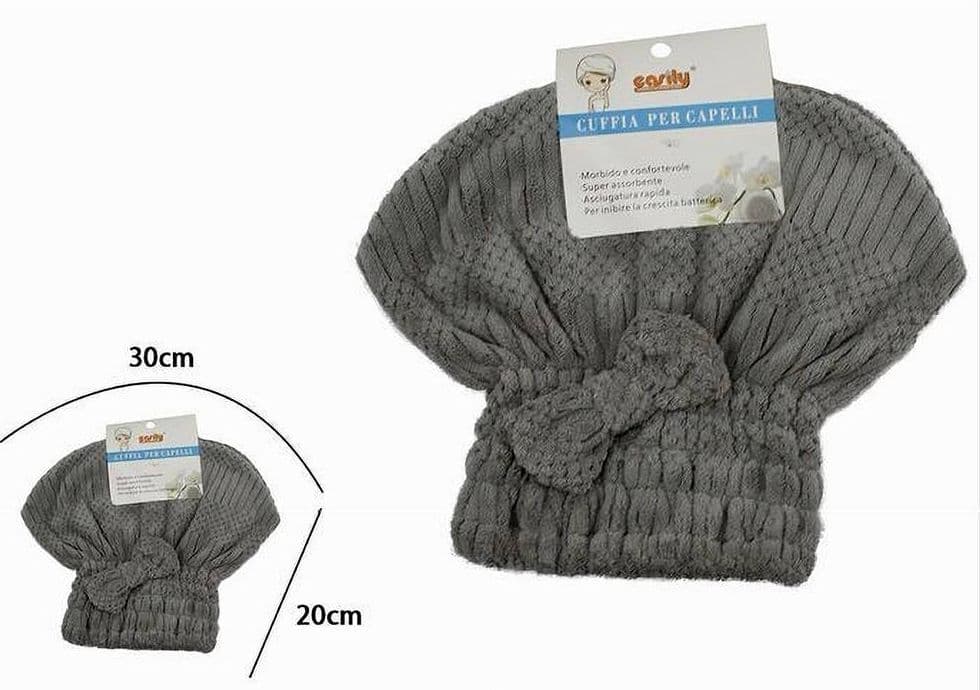 CUFFIA ASCIUGA CAPELLI ASCIUGAMANO DOCCIA MORBIDO ASSORBENTE FIOCCO GRIGIO 79629 - 2