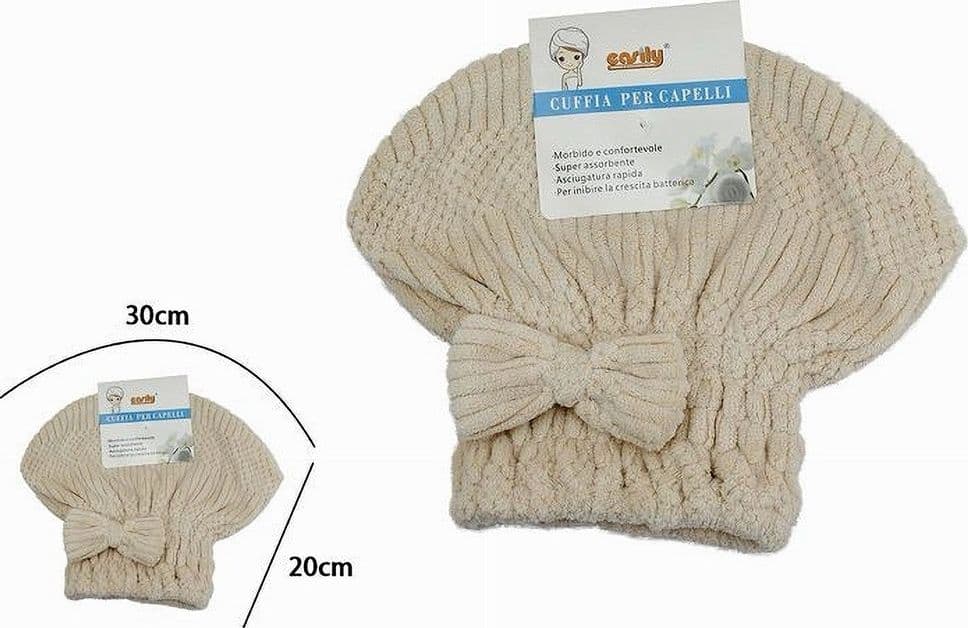 CUFFIA ASCIUGA CAPELLI ASCIUGAMANO DOCCIA MORBIDO ASSORBENTE FIOCCO BEIGE 79627 - 2