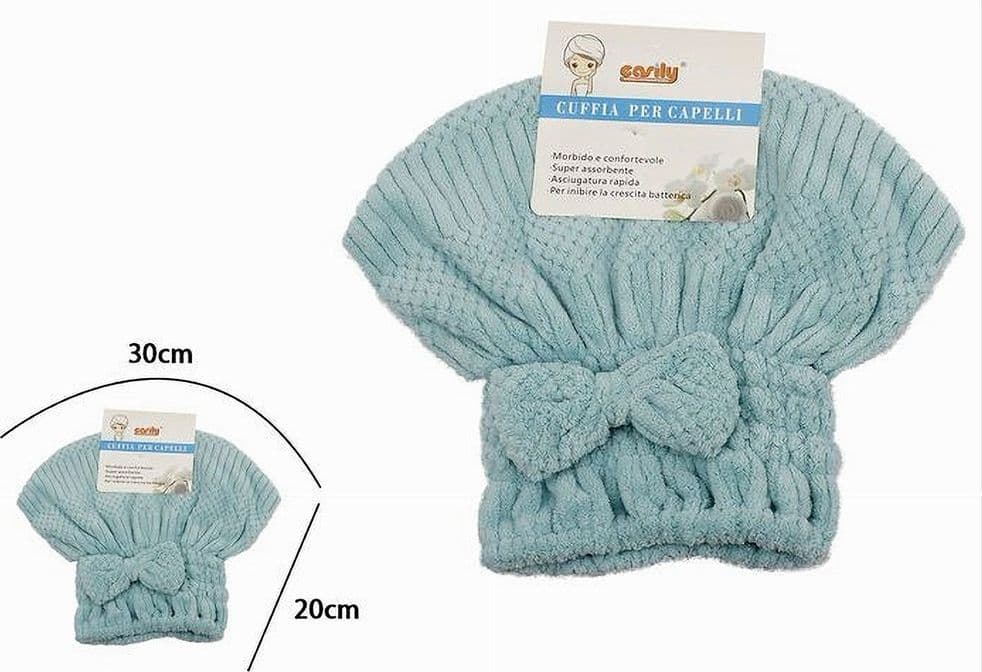 CUFFIA ASCIUGA CAPELLI ASCIUGAMANO DOCCIA MORBIDO ASSORBENTE FIOCCO AZZURRO 79628 - 2