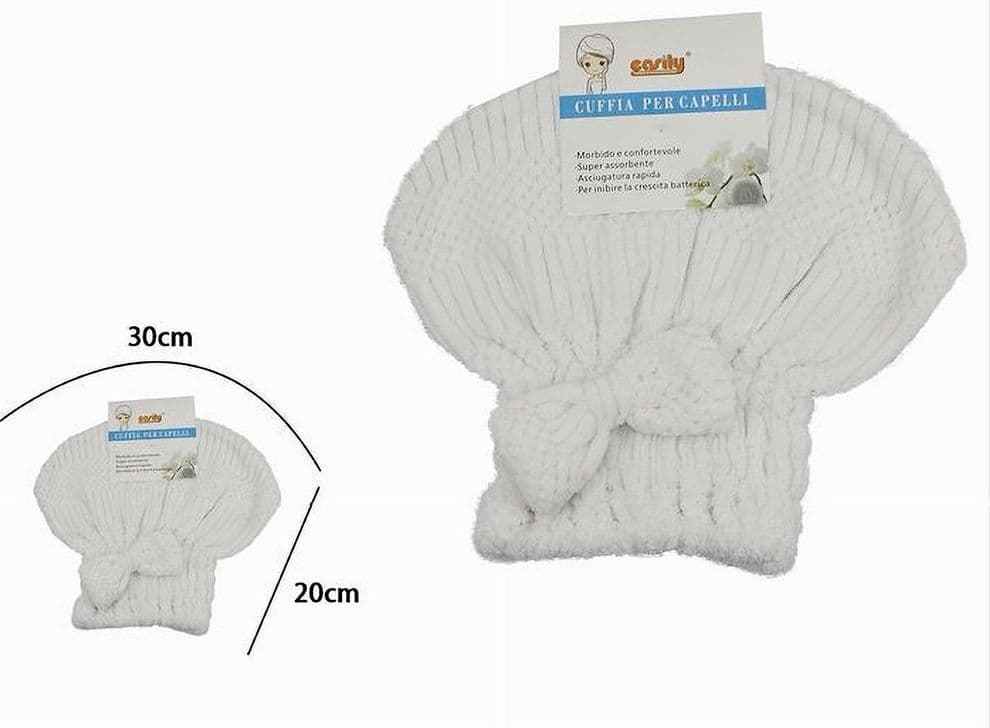 CUFFIA ASCIUGA CAPELLI ASCIUGAMANO DOCCIA MORBIDO ASSORBENTE FIOCCO BIANCO 79624 - 2
