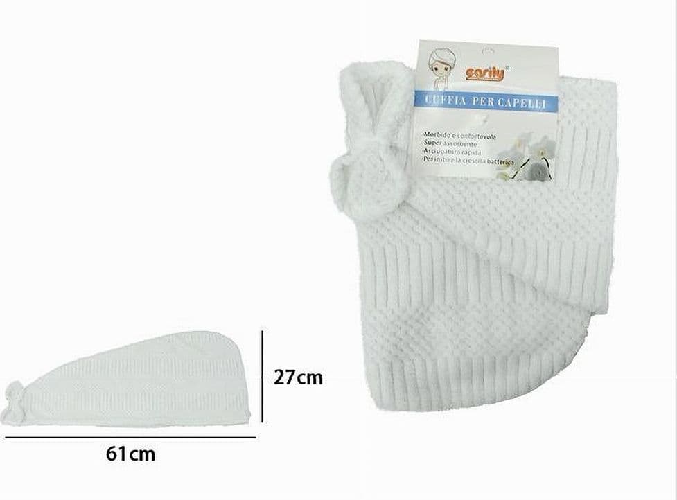 CUFFIA ASCIUGAMANO SHAMPOO BAGNO DOCCIA ASCIUGA CAPELLI FIOCCHETTO BIANCO 79630 - 2